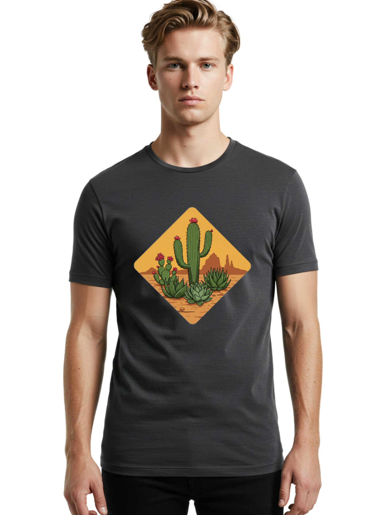 Desert-Succulents Men'S Graphic Tee, 100% Cotton, Comfortable Casual Summer Wear, Machine Washable, Desert Landscape, Cactus Plants, Succulents, Rocky Terrain, Arid Environment, Desert Flowers, Southwest Scenery, Dry Climate Bac995