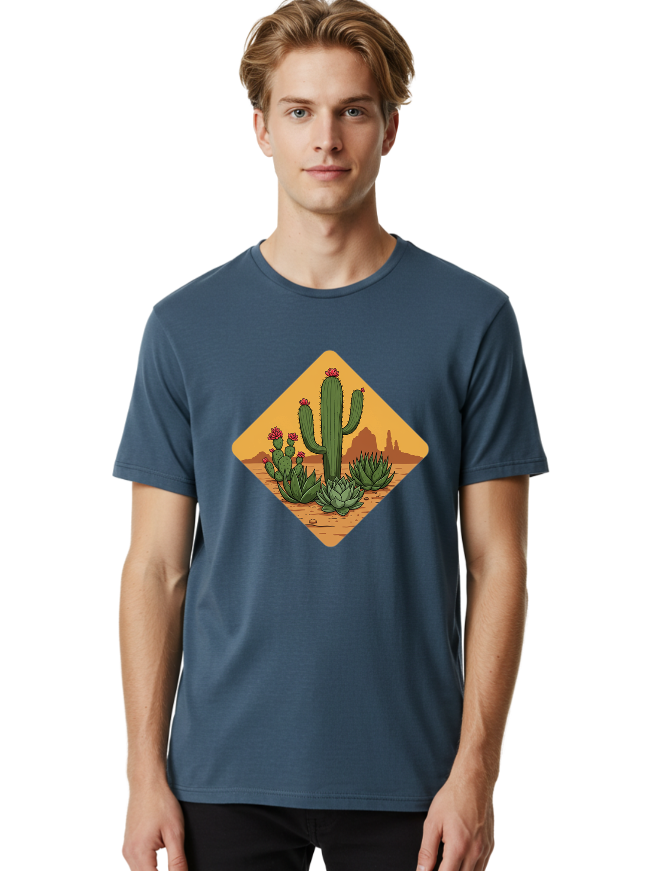 Desert-Succulents Men'S Graphic Tee, 100% Cotton, Comfortable Casual Summer Wear, Machine Washable, Desert Landscape, Cactus Plants, Succulents, Rocky Terrain, Arid Environment, Desert Flowers, Southwest Scenery, Dry Climate Bac995