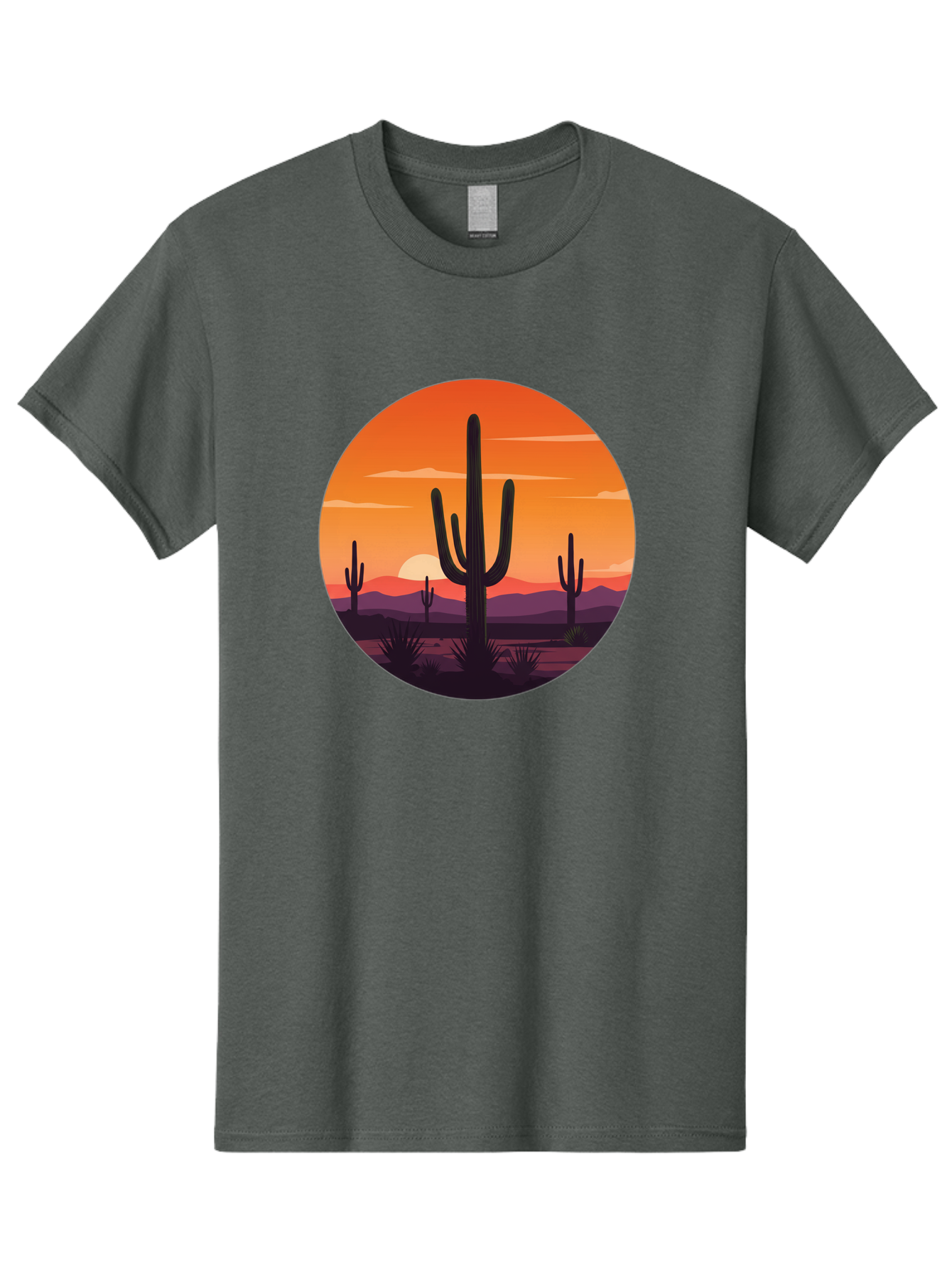 Desert-Sunset-1 Men'S Graphic Tee, 100% Cotton, Comfortable Casual Summer Wear, Machine Washable, Desert Landscape, Cactus Silhouette, Orange Sunset, Vibrant Colors, Serene Atmosphere, Natural Beauty, Outdoor Scenery, Majestic Mountains Bac996