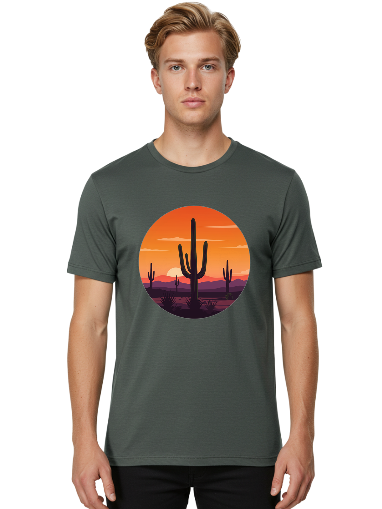 Desert-Sunset-1 Men'S Graphic Tee, 100% Cotton, Comfortable Casual Summer Wear, Machine Washable, Desert Landscape, Cactus Silhouette, Orange Sunset, Vibrant Colors, Serene Atmosphere, Natural Beauty, Outdoor Scenery, Majestic Mountains Bac996