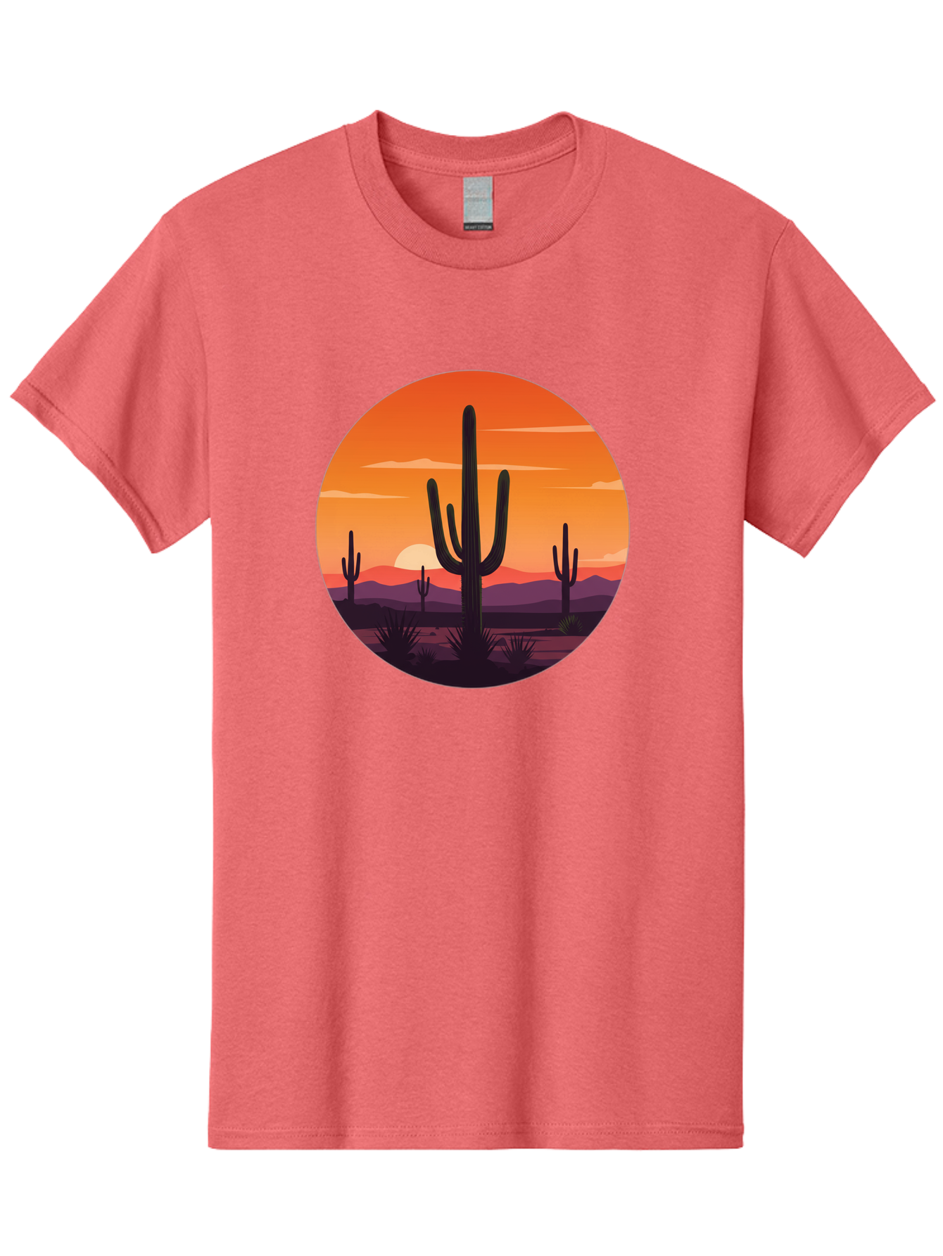 Desert-Sunset-1 Men'S Graphic Tee, 100% Cotton, Comfortable Casual Summer Wear, Machine Washable, Desert Landscape, Cactus Silhouette, Orange Sunset, Vibrant Colors, Serene Atmosphere, Natural Beauty, Outdoor Scenery, Majestic Mountains Bac996