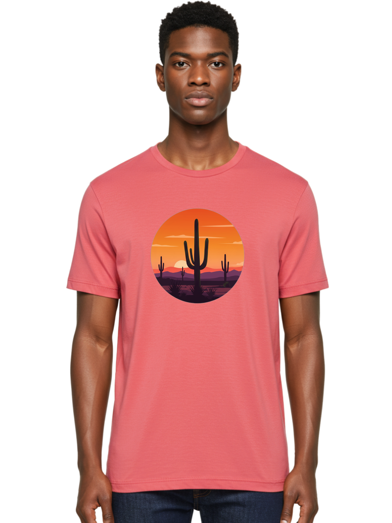 Desert-Sunset-1 Men'S Graphic Tee, 100% Cotton, Comfortable Casual Summer Wear, Machine Washable, Desert Landscape, Cactus Silhouette, Orange Sunset, Vibrant Colors, Serene Atmosphere, Natural Beauty, Outdoor Scenery, Majestic Mountains Bac996