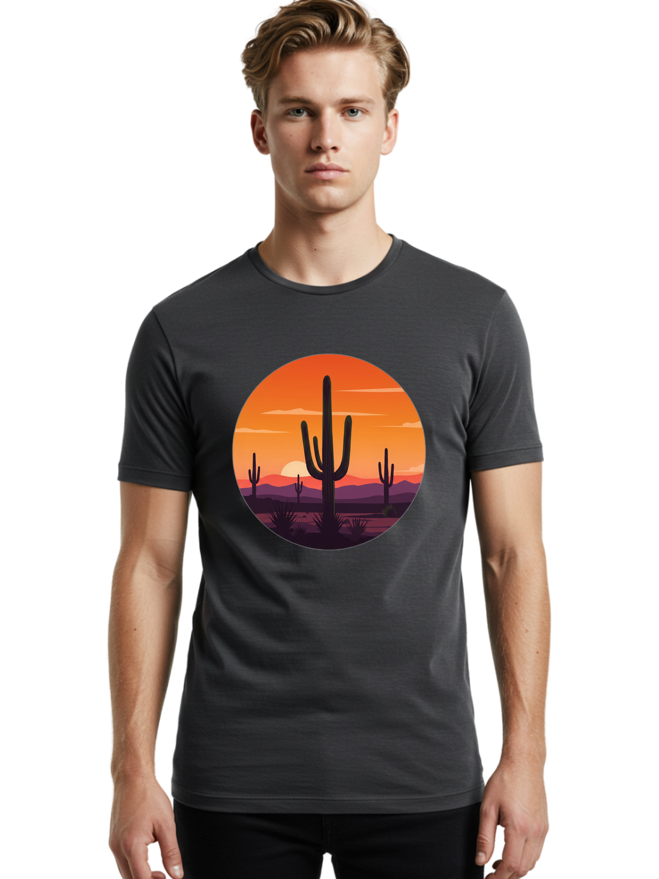 Desert-Sunset-1 Men'S Graphic Tee, 100% Cotton, Comfortable Casual Summer Wear, Machine Washable, Desert Landscape, Cactus Silhouette, Orange Sunset, Vibrant Colors, Serene Atmosphere, Natural Beauty, Outdoor Scenery, Majestic Mountains Bac996