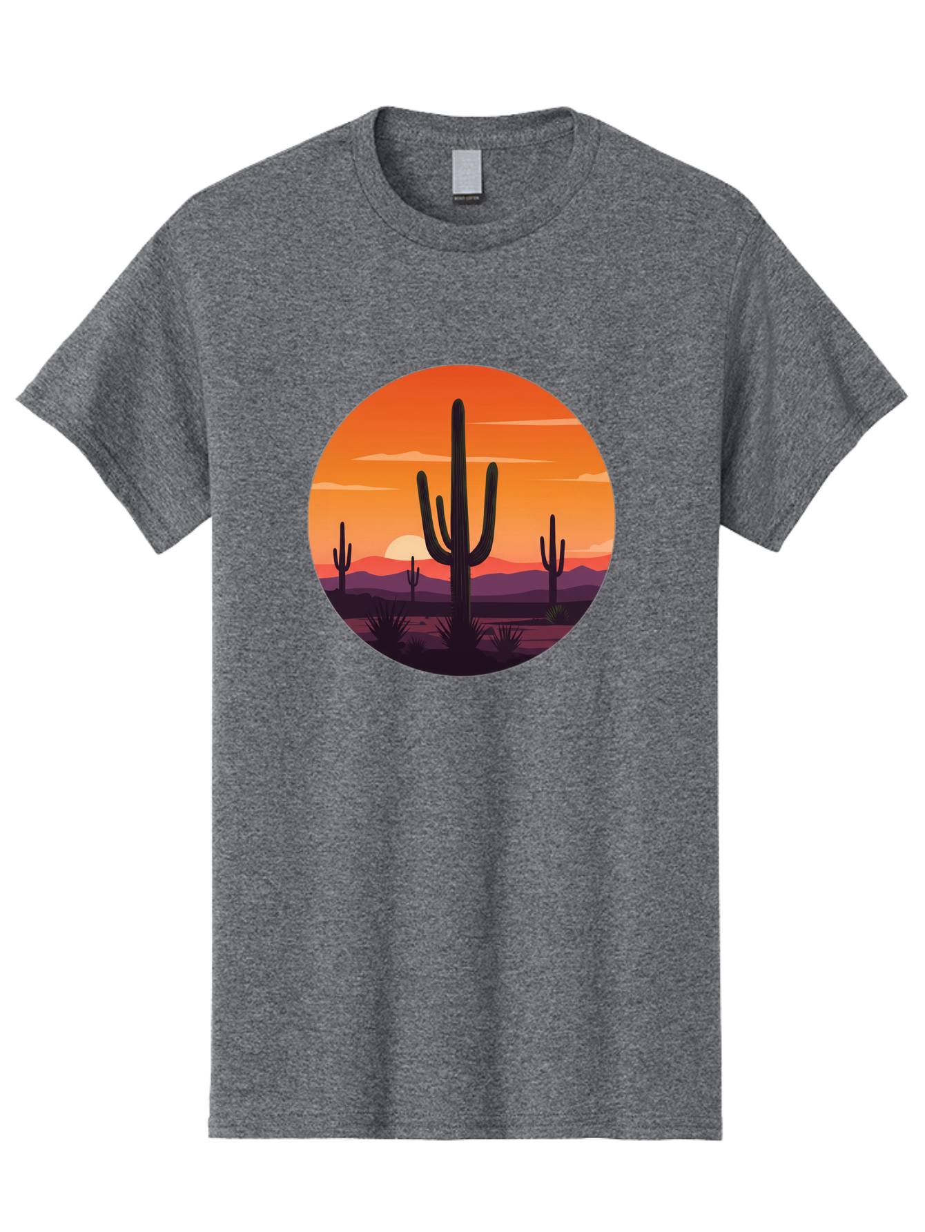 Desert-Sunset-1 Men'S Graphic Tee, 100% Cotton, Comfortable Casual Summer Wear, Machine Washable, Desert Landscape, Cactus Silhouette, Orange Sunset, Vibrant Colors, Serene Atmosphere, Natural Beauty, Outdoor Scenery, Majestic Mountains Bac996