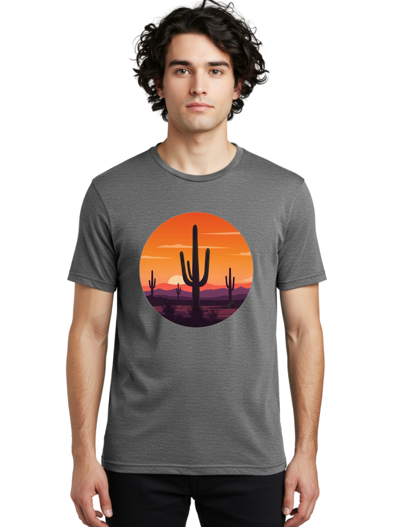Desert-Sunset-1 Men'S Graphic Tee, 100% Cotton, Comfortable Casual Summer Wear, Machine Washable, Desert Landscape, Cactus Silhouette, Orange Sunset, Vibrant Colors, Serene Atmosphere, Natural Beauty, Outdoor Scenery, Majestic Mountains Bac996