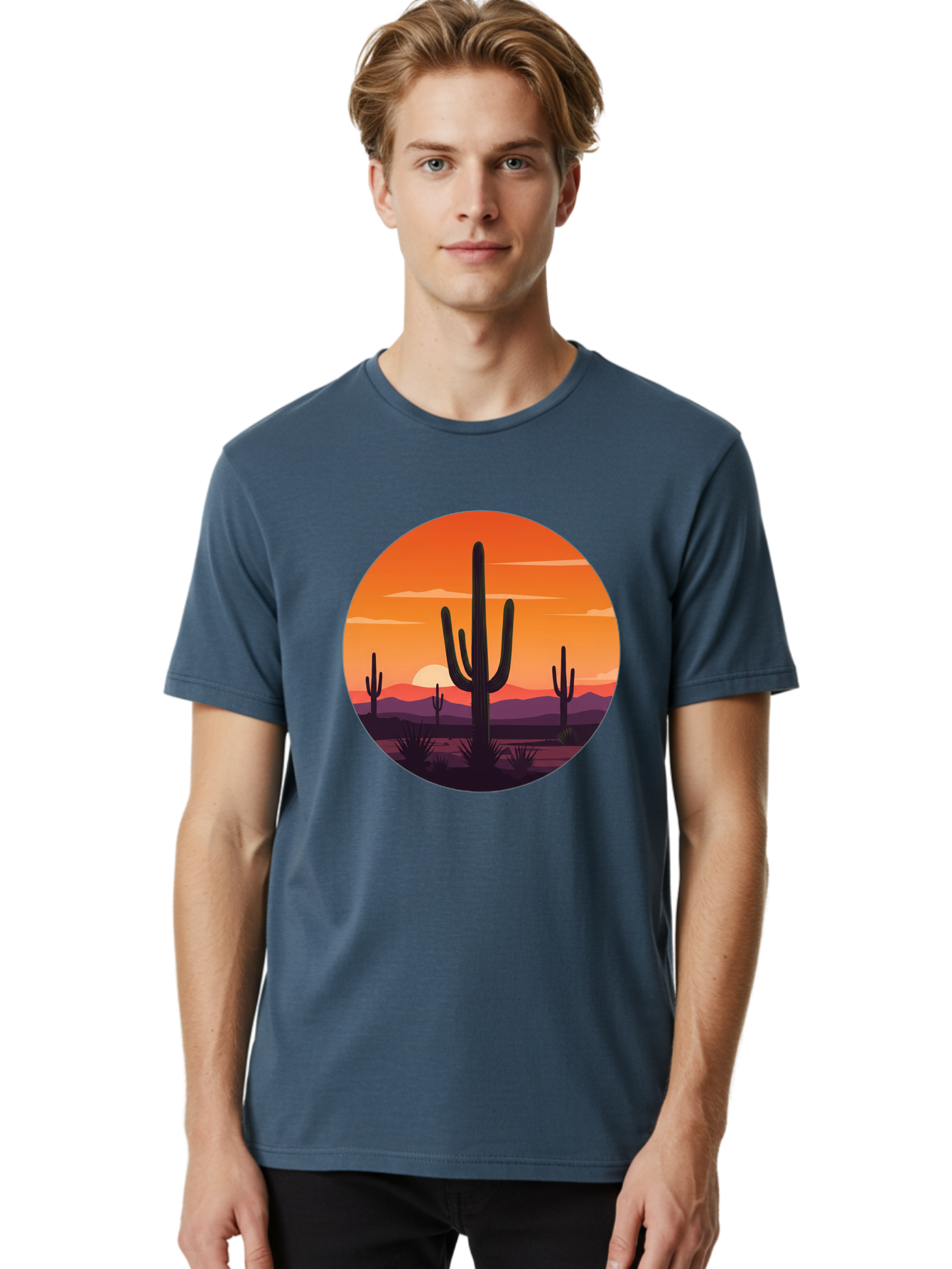 Desert-Sunset-1 Men'S Graphic Tee, 100% Cotton, Comfortable Casual Summer Wear, Machine Washable, Desert Landscape, Cactus Silhouette, Orange Sunset, Vibrant Colors, Serene Atmosphere, Natural Beauty, Outdoor Scenery, Majestic Mountains Bac996