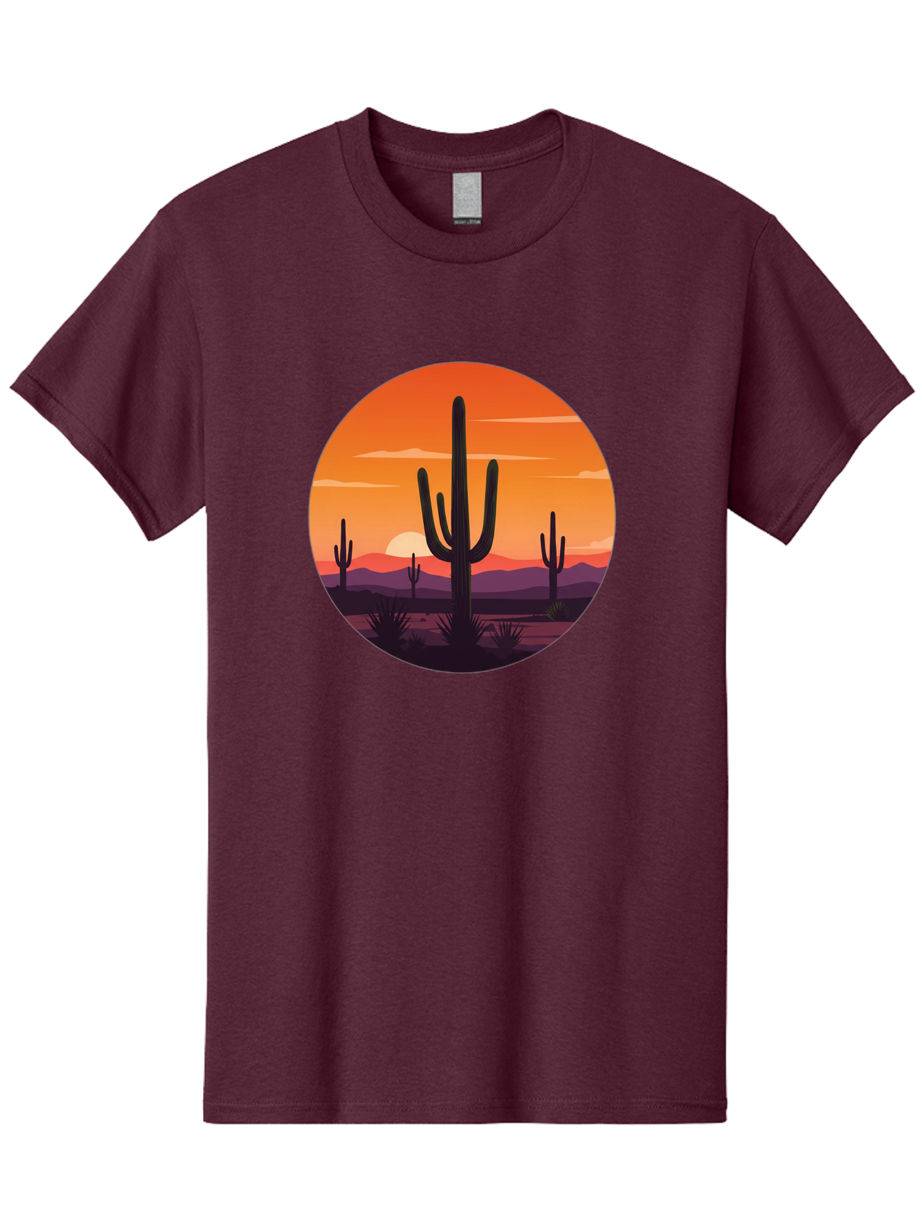 Desert-Sunset-1 Men'S Graphic Tee, 100% Cotton, Comfortable Casual Summer Wear, Machine Washable, Desert Landscape, Cactus Silhouette, Orange Sunset, Vibrant Colors, Serene Atmosphere, Natural Beauty, Outdoor Scenery, Majestic Mountains Bac996