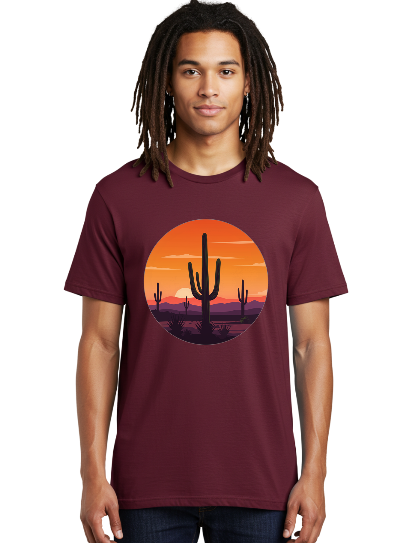 Desert-Sunset-1 Men'S Graphic Tee, 100% Cotton, Comfortable Casual Summer Wear, Machine Washable, Desert Landscape, Cactus Silhouette, Orange Sunset, Vibrant Colors, Serene Atmosphere, Natural Beauty, Outdoor Scenery, Majestic Mountains Bac996