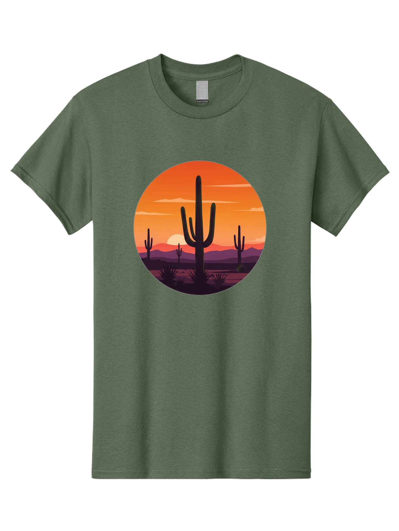 Desert-Sunset-1 Men'S Graphic Tee, 100% Cotton, Comfortable Casual Summer Wear, Machine Washable, Desert Landscape, Cactus Silhouette, Orange Sunset, Vibrant Colors, Serene Atmosphere, Natural Beauty, Outdoor Scenery, Majestic Mountains Bac996