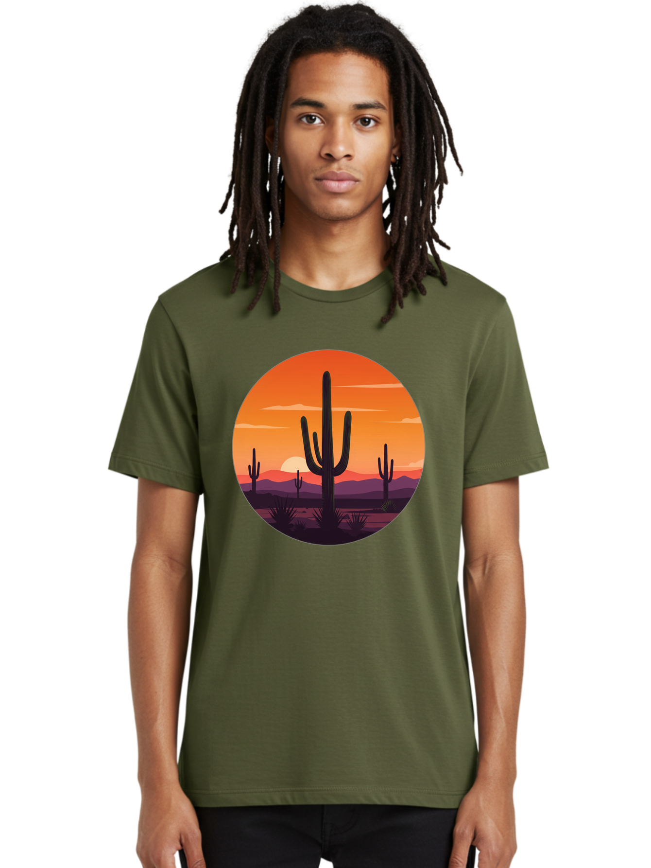 Desert-Sunset-1 Men'S Graphic Tee, 100% Cotton, Comfortable Casual Summer Wear, Machine Washable, Desert Landscape, Cactus Silhouette, Orange Sunset, Vibrant Colors, Serene Atmosphere, Natural Beauty, Outdoor Scenery, Majestic Mountains Bac996