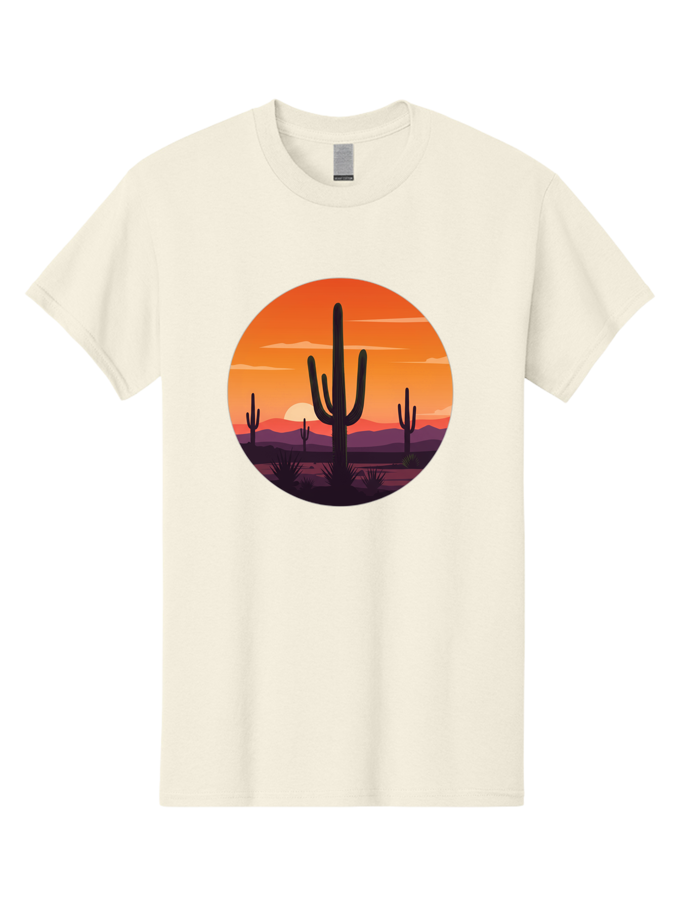 Desert-Sunset-1 Men'S Graphic Tee, 100% Cotton, Comfortable Casual Summer Wear, Machine Washable, Desert Landscape, Cactus Silhouette, Orange Sunset, Vibrant Colors, Serene Atmosphere, Natural Beauty, Outdoor Scenery, Majestic Mountains Bac996