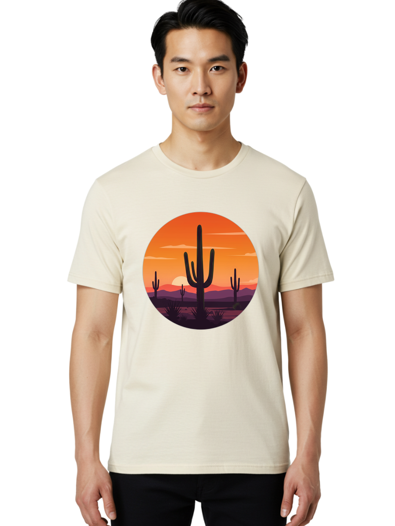 Desert-Sunset-1 Men'S Graphic Tee, 100% Cotton, Comfortable Casual Summer Wear, Machine Washable, Desert Landscape, Cactus Silhouette, Orange Sunset, Vibrant Colors, Serene Atmosphere, Natural Beauty, Outdoor Scenery, Majestic Mountains Bac996