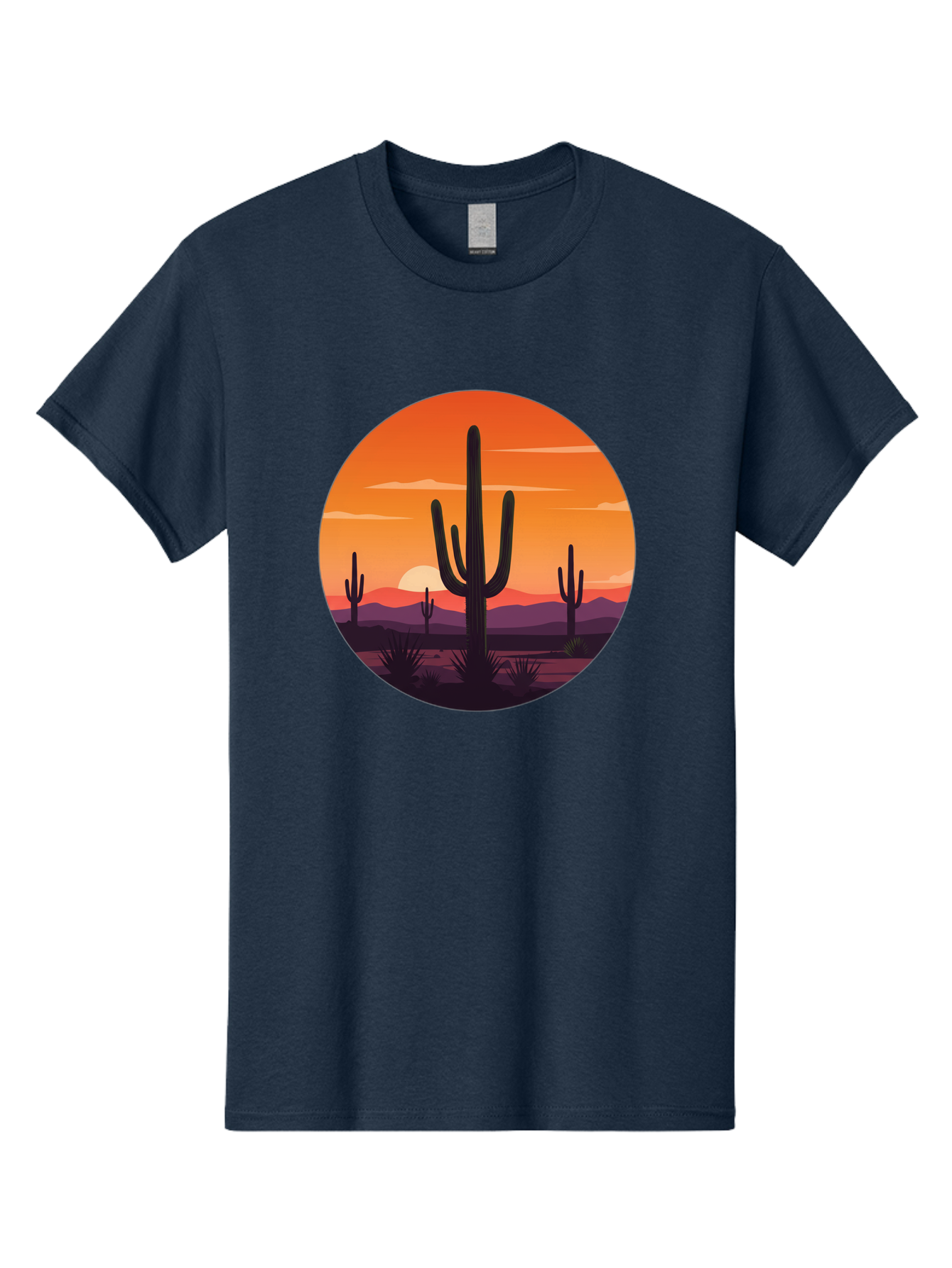 Desert-Sunset-1 Men'S Graphic Tee, 100% Cotton, Comfortable Casual Summer Wear, Machine Washable, Desert Landscape, Cactus Silhouette, Orange Sunset, Vibrant Colors, Serene Atmosphere, Natural Beauty, Outdoor Scenery, Majestic Mountains Bac996