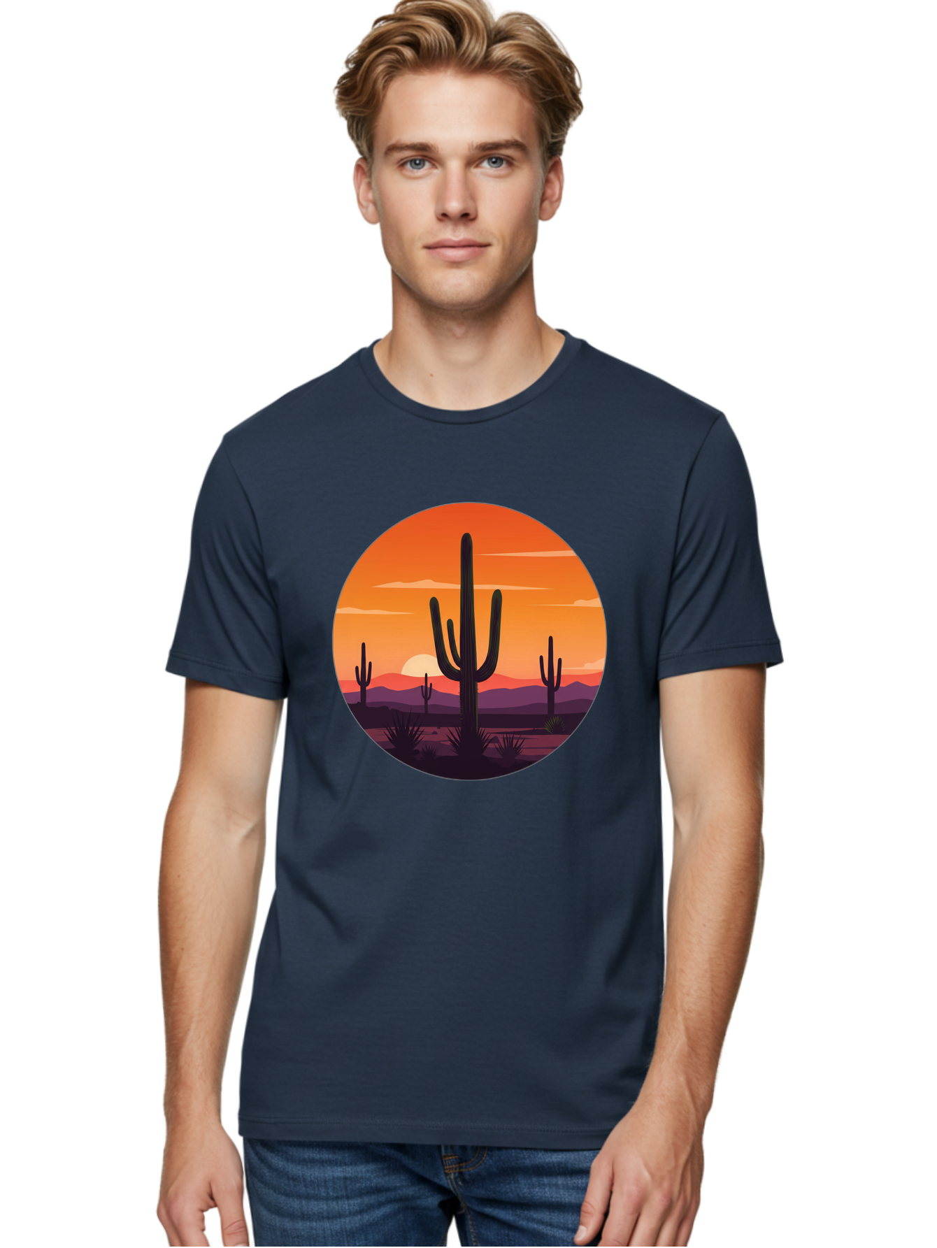 Desert-Sunset-1 Men'S Graphic Tee, 100% Cotton, Comfortable Casual Summer Wear, Machine Washable, Desert Landscape, Cactus Silhouette, Orange Sunset, Vibrant Colors, Serene Atmosphere, Natural Beauty, Outdoor Scenery, Majestic Mountains Bac996