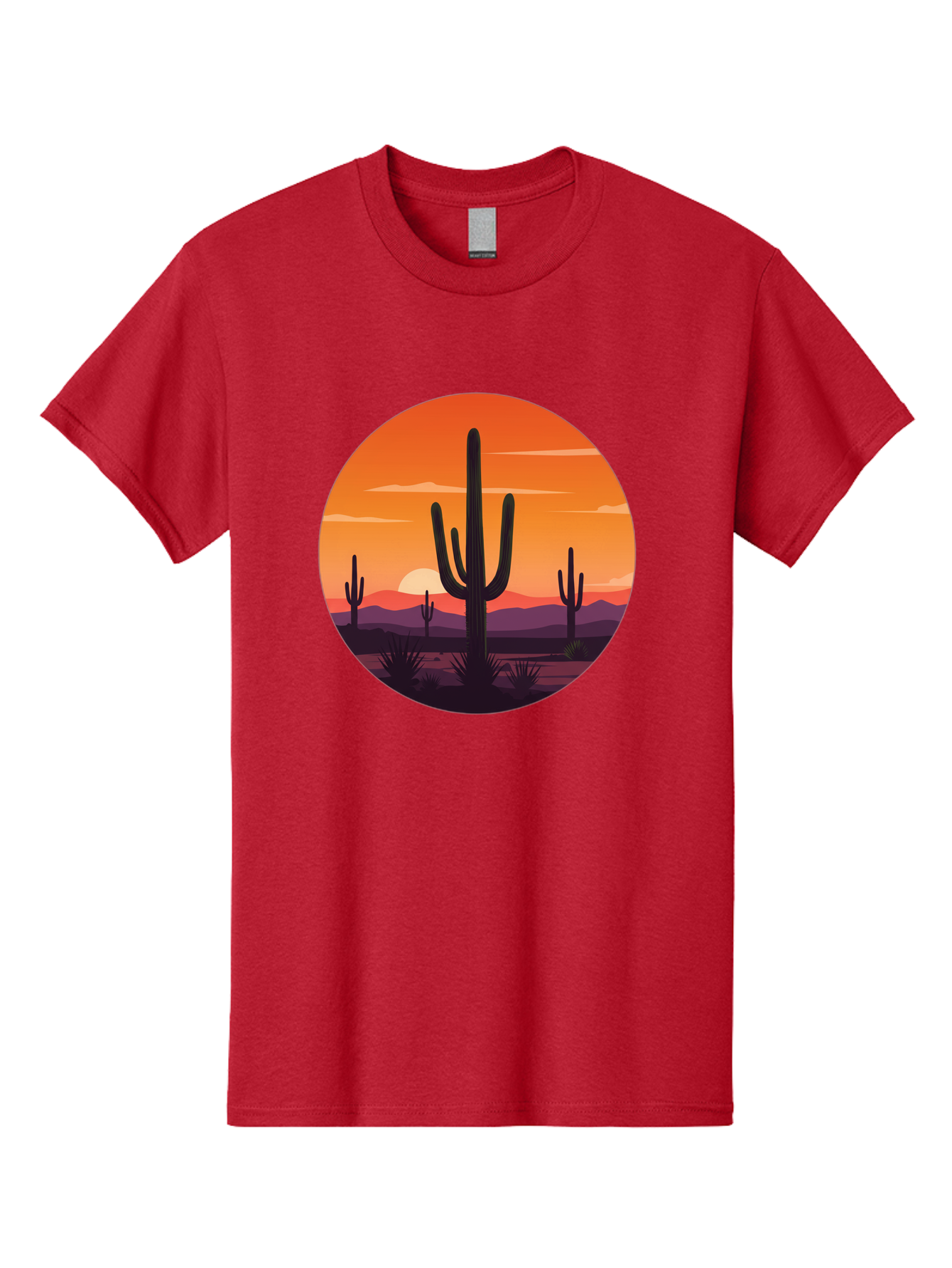 Desert-Sunset-1 Men'S Graphic Tee, 100% Cotton, Comfortable Casual Summer Wear, Machine Washable, Desert Landscape, Cactus Silhouette, Orange Sunset, Vibrant Colors, Serene Atmosphere, Natural Beauty, Outdoor Scenery, Majestic Mountains Bac996