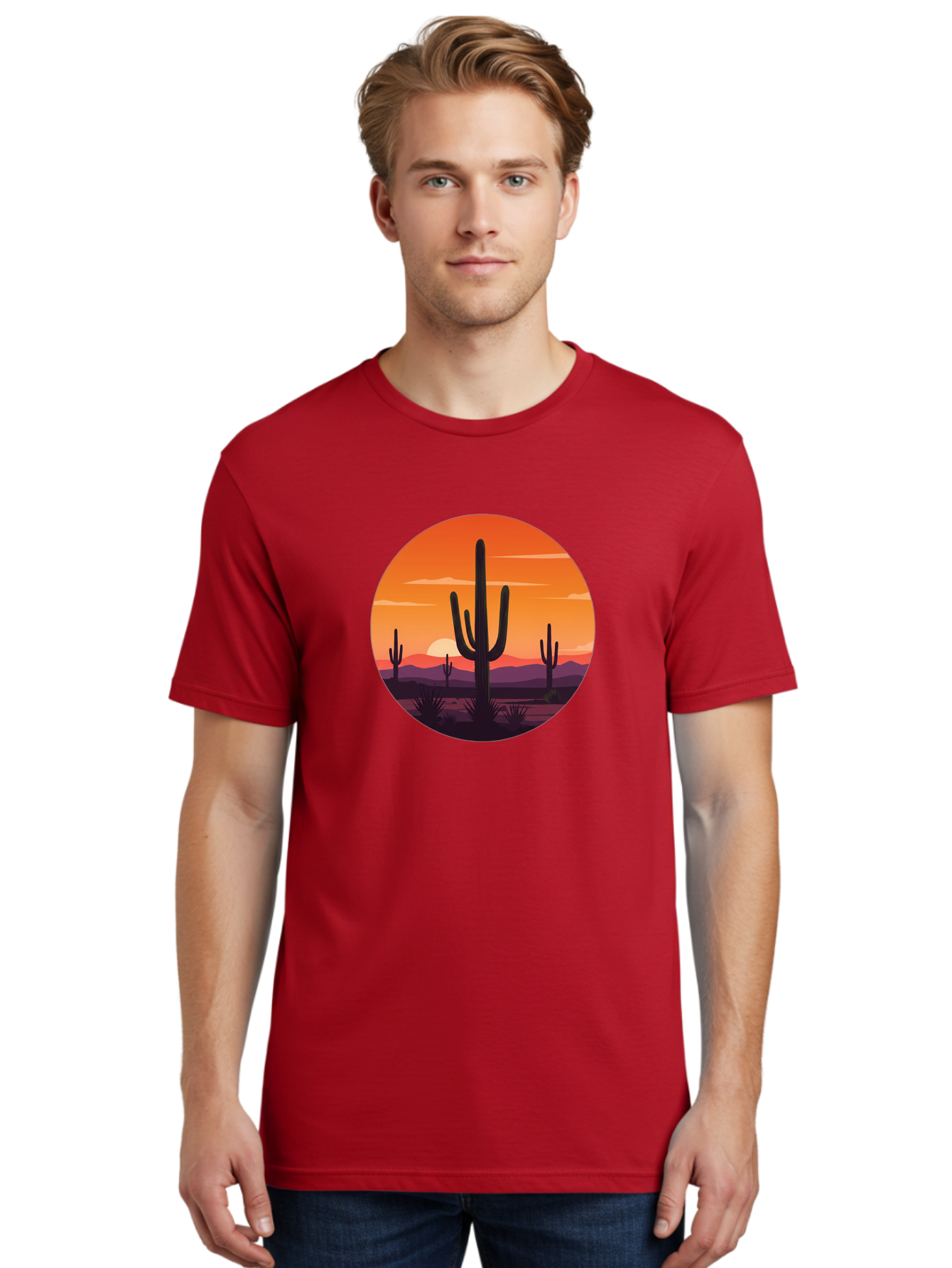 Desert-Sunset-1 Men'S Graphic Tee, 100% Cotton, Comfortable Casual Summer Wear, Machine Washable, Desert Landscape, Cactus Silhouette, Orange Sunset, Vibrant Colors, Serene Atmosphere, Natural Beauty, Outdoor Scenery, Majestic Mountains Bac996