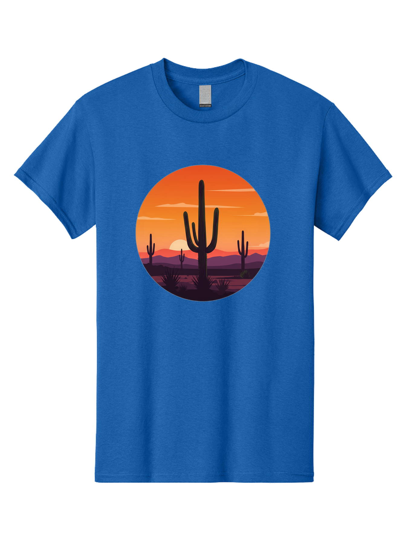 Desert-Sunset-1 Men'S Graphic Tee, 100% Cotton, Comfortable Casual Summer Wear, Machine Washable, Desert Landscape, Cactus Silhouette, Orange Sunset, Vibrant Colors, Serene Atmosphere, Natural Beauty, Outdoor Scenery, Majestic Mountains Bac996