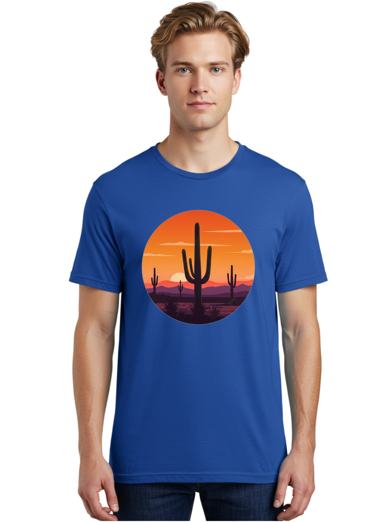 Desert-Sunset-1 Men'S Graphic Tee, 100% Cotton, Comfortable Casual Summer Wear, Machine Washable, Desert Landscape, Cactus Silhouette, Orange Sunset, Vibrant Colors, Serene Atmosphere, Natural Beauty, Outdoor Scenery, Majestic Mountains Bac996