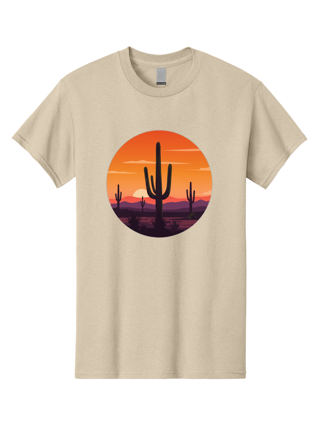 Desert-Sunset-1 Men'S Graphic Tee, 100% Cotton, Comfortable Casual Summer Wear, Machine Washable, Desert Landscape, Cactus Silhouette, Orange Sunset, Vibrant Colors, Serene Atmosphere, Natural Beauty, Outdoor Scenery, Majestic Mountains Bac996