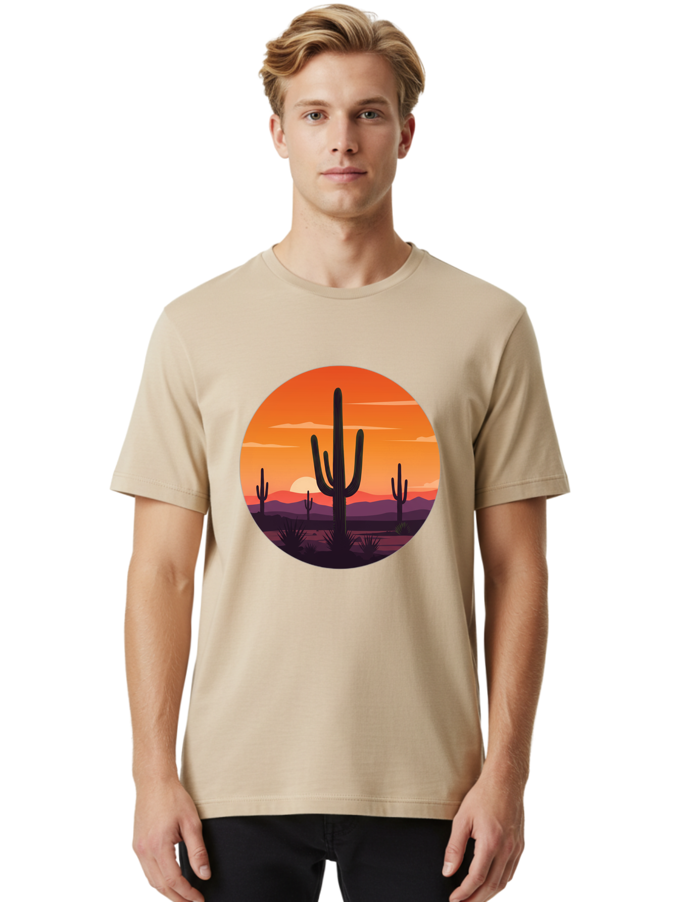 Desert-Sunset-1 Men'S Graphic Tee, 100% Cotton, Comfortable Casual Summer Wear, Machine Washable, Desert Landscape, Cactus Silhouette, Orange Sunset, Vibrant Colors, Serene Atmosphere, Natural Beauty, Outdoor Scenery, Majestic Mountains Bac996