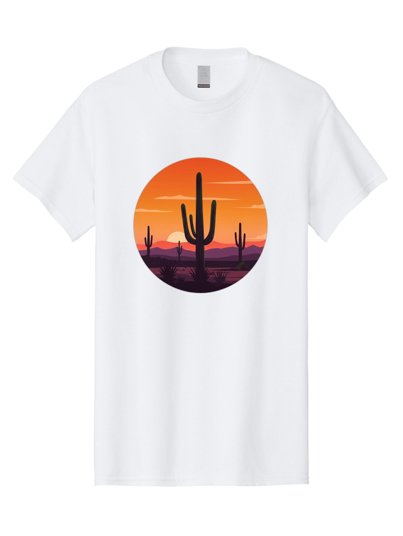 Desert-Sunset-1 Men'S Graphic Tee, 100% Cotton, Comfortable Casual Summer Wear, Machine Washable, Desert Landscape, Cactus Silhouette, Orange Sunset, Vibrant Colors, Serene Atmosphere, Natural Beauty, Outdoor Scenery, Majestic Mountains Bac996