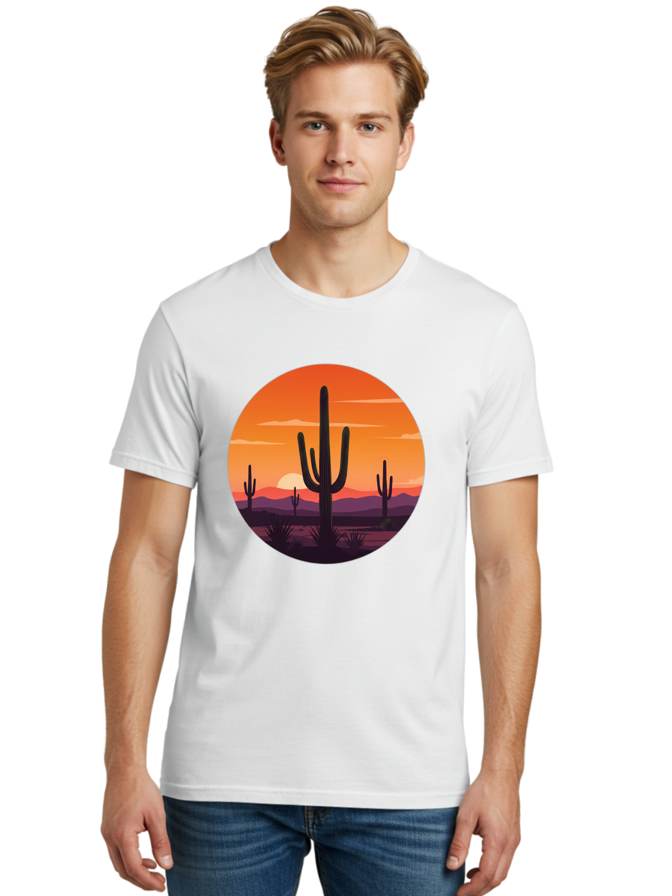 Desert-Sunset-1 Men'S Graphic Tee, 100% Cotton, Comfortable Casual Summer Wear, Machine Washable, Desert Landscape, Cactus Silhouette, Orange Sunset, Vibrant Colors, Serene Atmosphere, Natural Beauty, Outdoor Scenery, Majestic Mountains Bac996