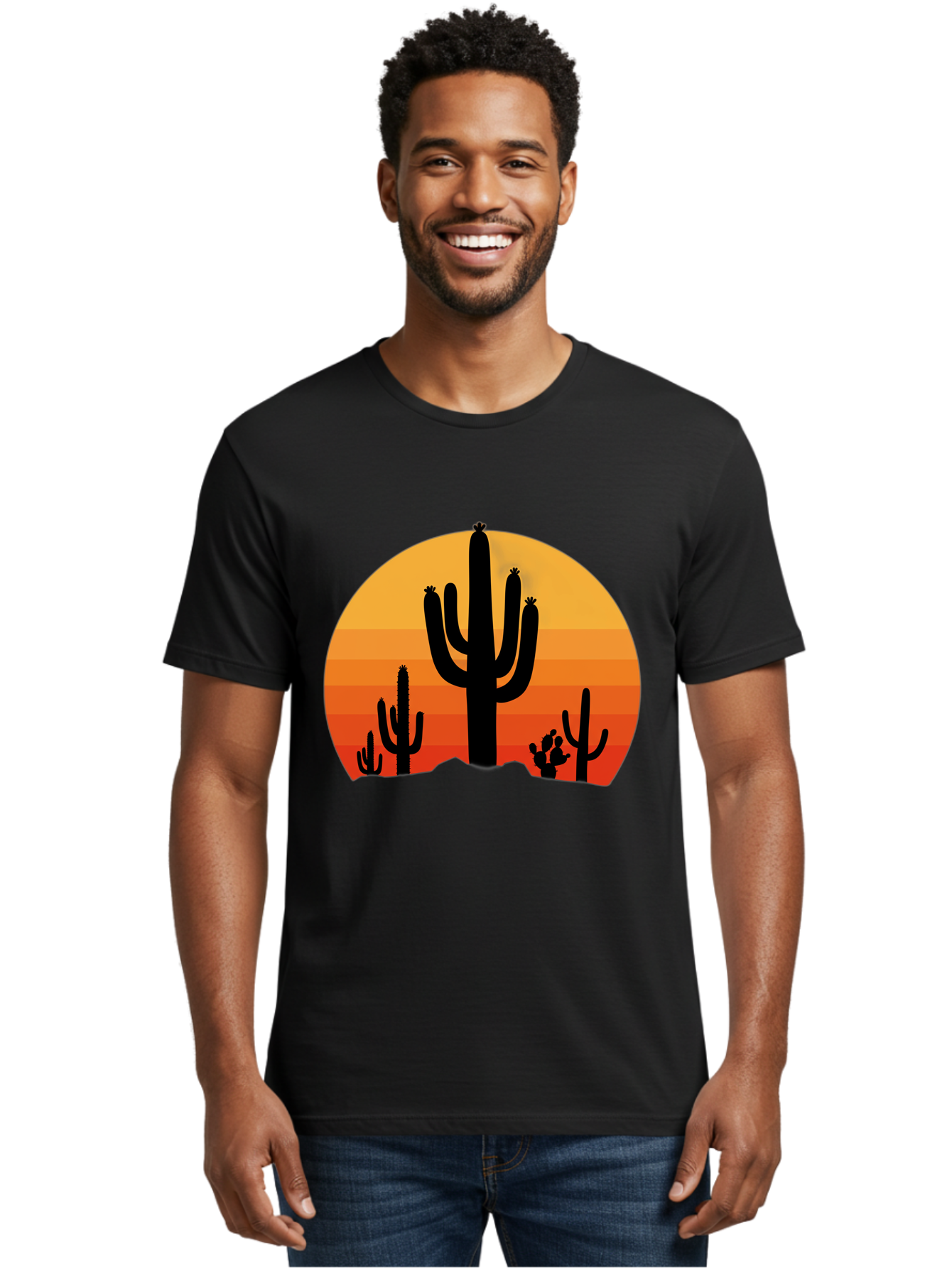 Desert-Sunset Men'S Graphic Tee, 100% Cotton, Comfortable Casual Summer Wear, Machine Washable, Desert Landscape, Cactus Silhouette, Sunset Colors, Orange Gradient, Warm Tones, Arid Scenery, Natural Beauty Bac997