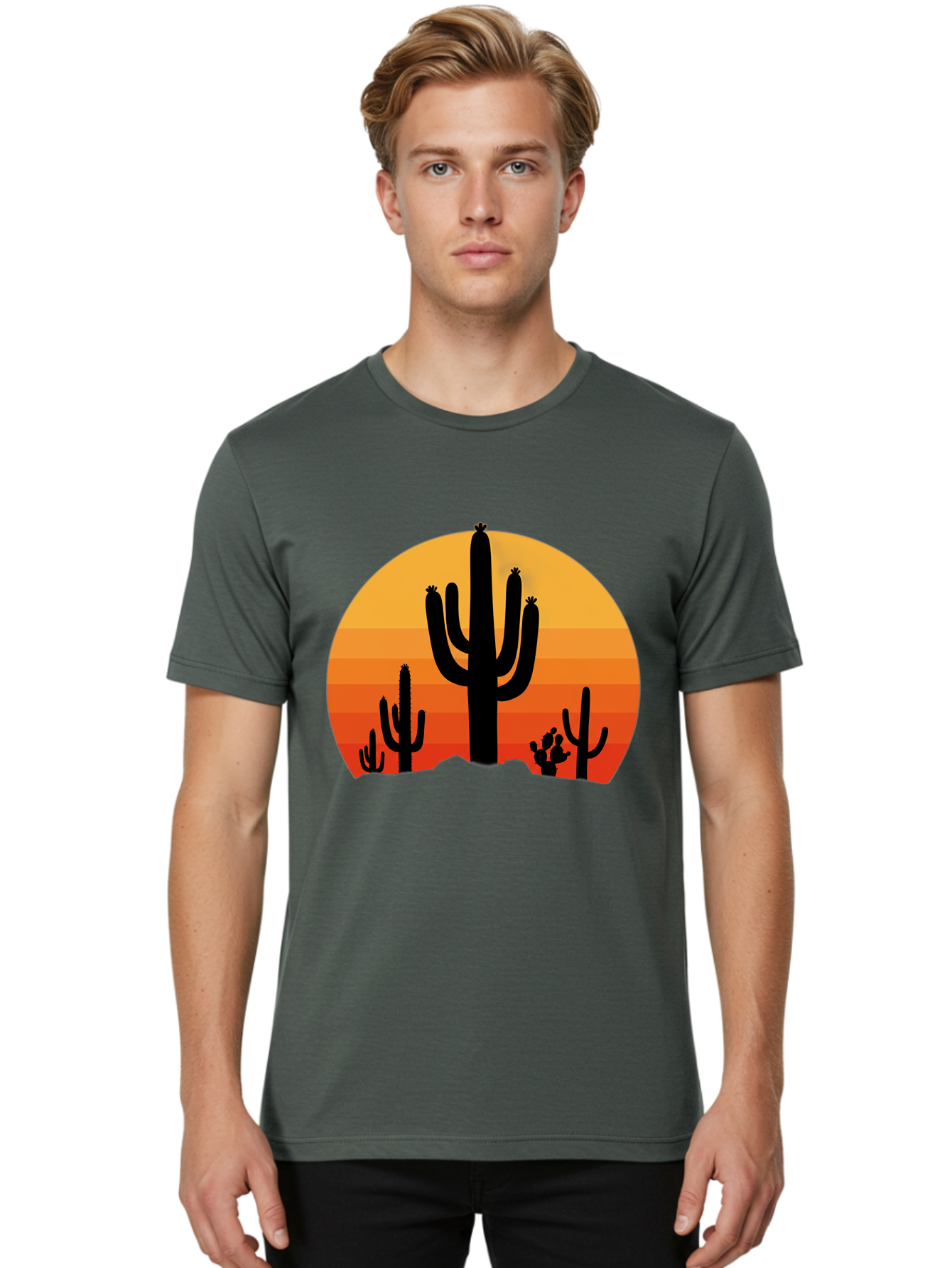Desert-Sunset Men'S Graphic Tee, 100% Cotton, Comfortable Casual Summer Wear, Machine Washable, Desert Landscape, Cactus Silhouette, Sunset Colors, Orange Gradient, Warm Tones, Arid Scenery, Natural Beauty Bac997