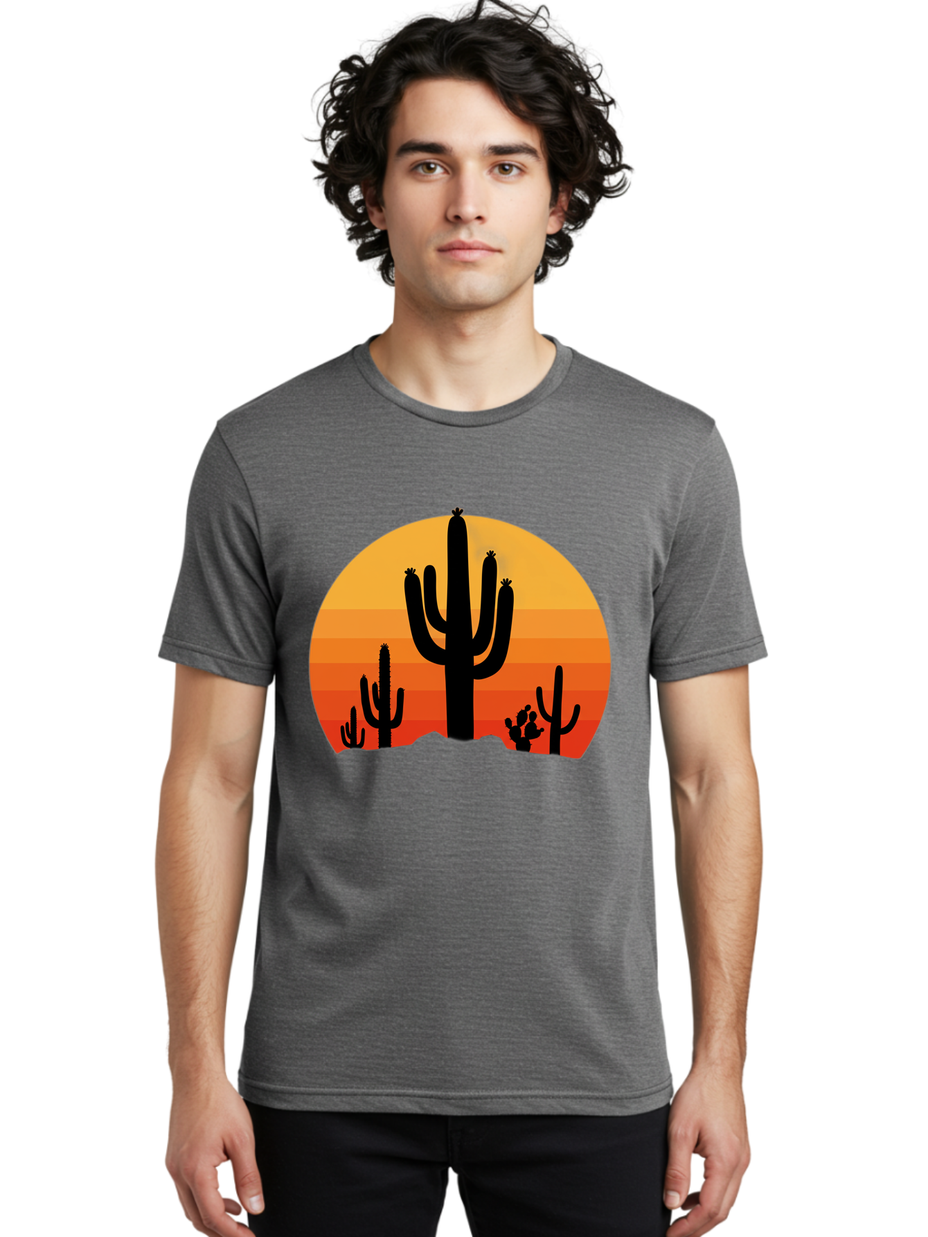Desert-Sunset Men'S Graphic Tee, 100% Cotton, Comfortable Casual Summer Wear, Machine Washable, Desert Landscape, Cactus Silhouette, Sunset Colors, Orange Gradient, Warm Tones, Arid Scenery, Natural Beauty Bac997