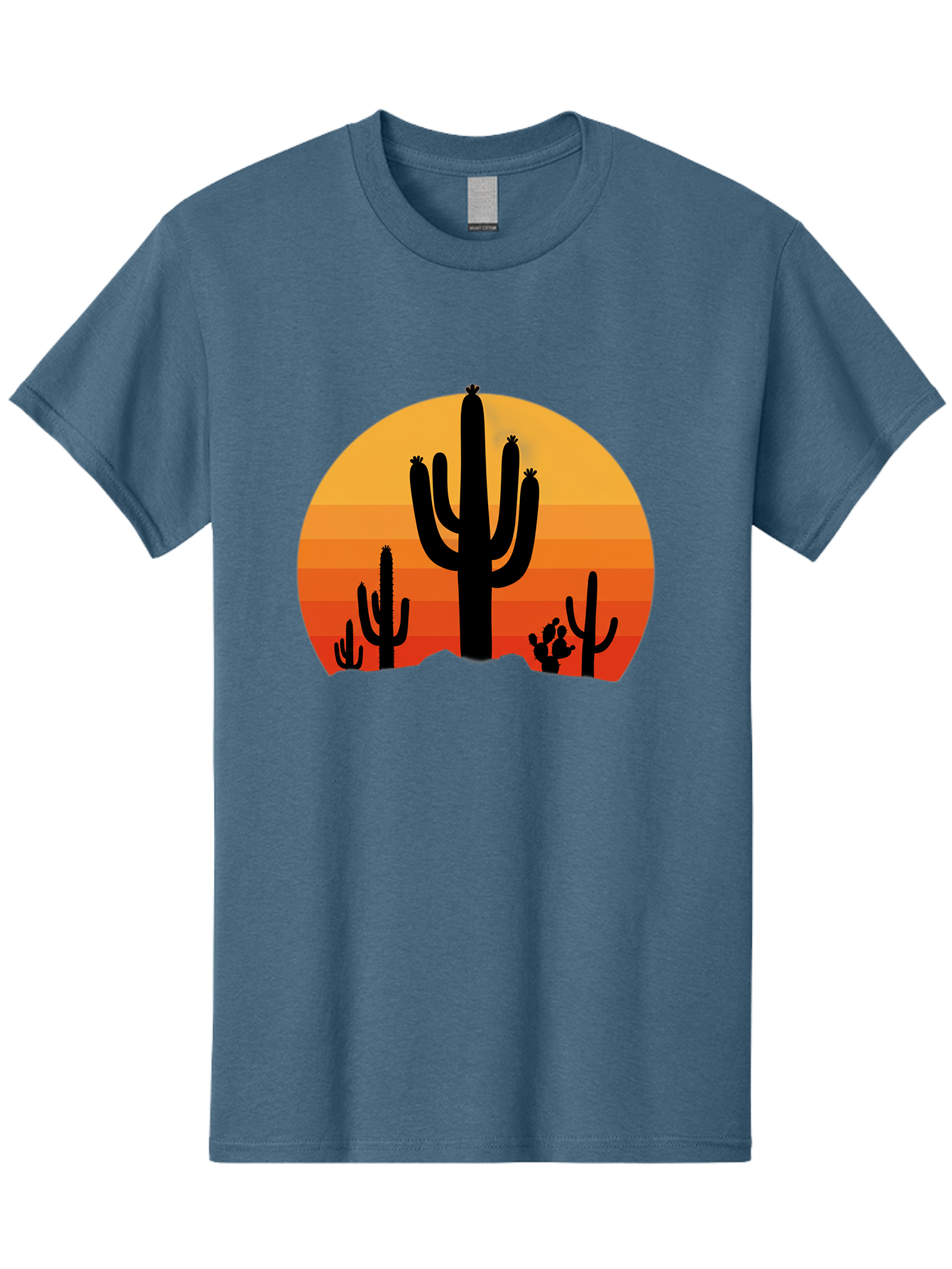Desert-Sunset Men'S Graphic Tee, 100% Cotton, Comfortable Casual Summer Wear, Machine Washable, Desert Landscape, Cactus Silhouette, Sunset Colors, Orange Gradient, Warm Tones, Arid Scenery, Natural Beauty Bac997