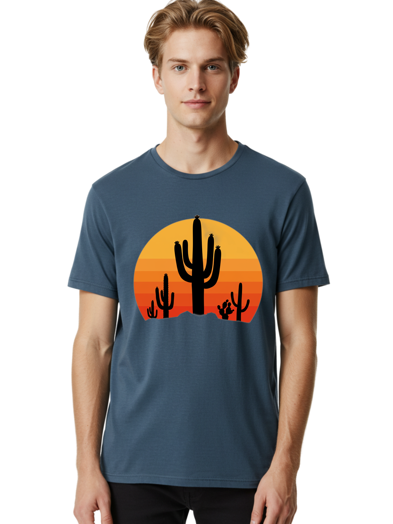 Desert-Sunset Men'S Graphic Tee, 100% Cotton, Comfortable Casual Summer Wear, Machine Washable, Desert Landscape, Cactus Silhouette, Sunset Colors, Orange Gradient, Warm Tones, Arid Scenery, Natural Beauty Bac997