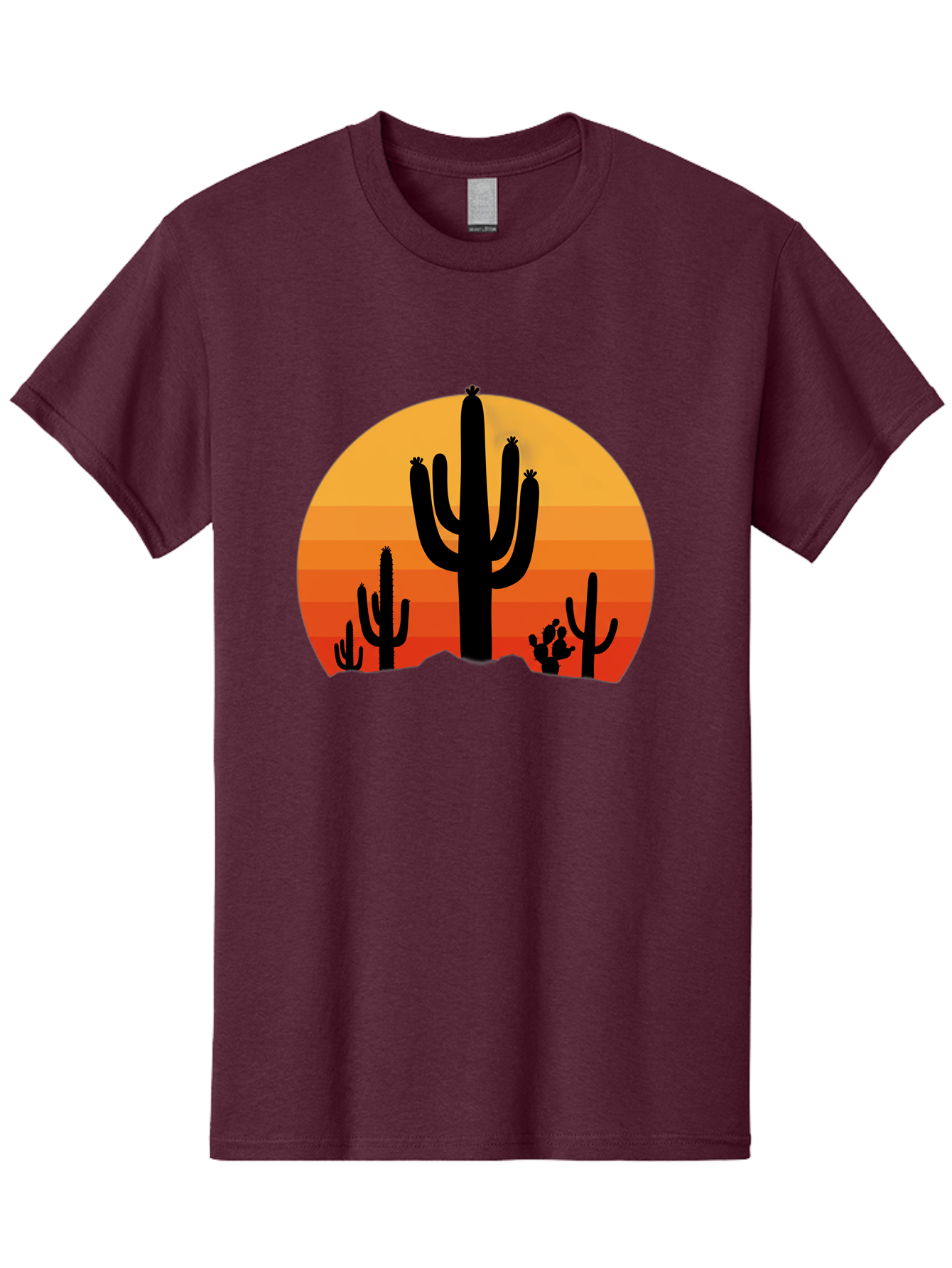 Desert-Sunset Men'S Graphic Tee, 100% Cotton, Comfortable Casual Summer Wear, Machine Washable, Desert Landscape, Cactus Silhouette, Sunset Colors, Orange Gradient, Warm Tones, Arid Scenery, Natural Beauty Bac997