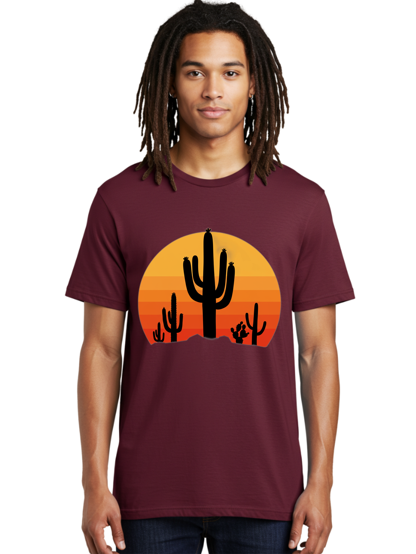 Desert-Sunset Men'S Graphic Tee, 100% Cotton, Comfortable Casual Summer Wear, Machine Washable, Desert Landscape, Cactus Silhouette, Sunset Colors, Orange Gradient, Warm Tones, Arid Scenery, Natural Beauty Bac997