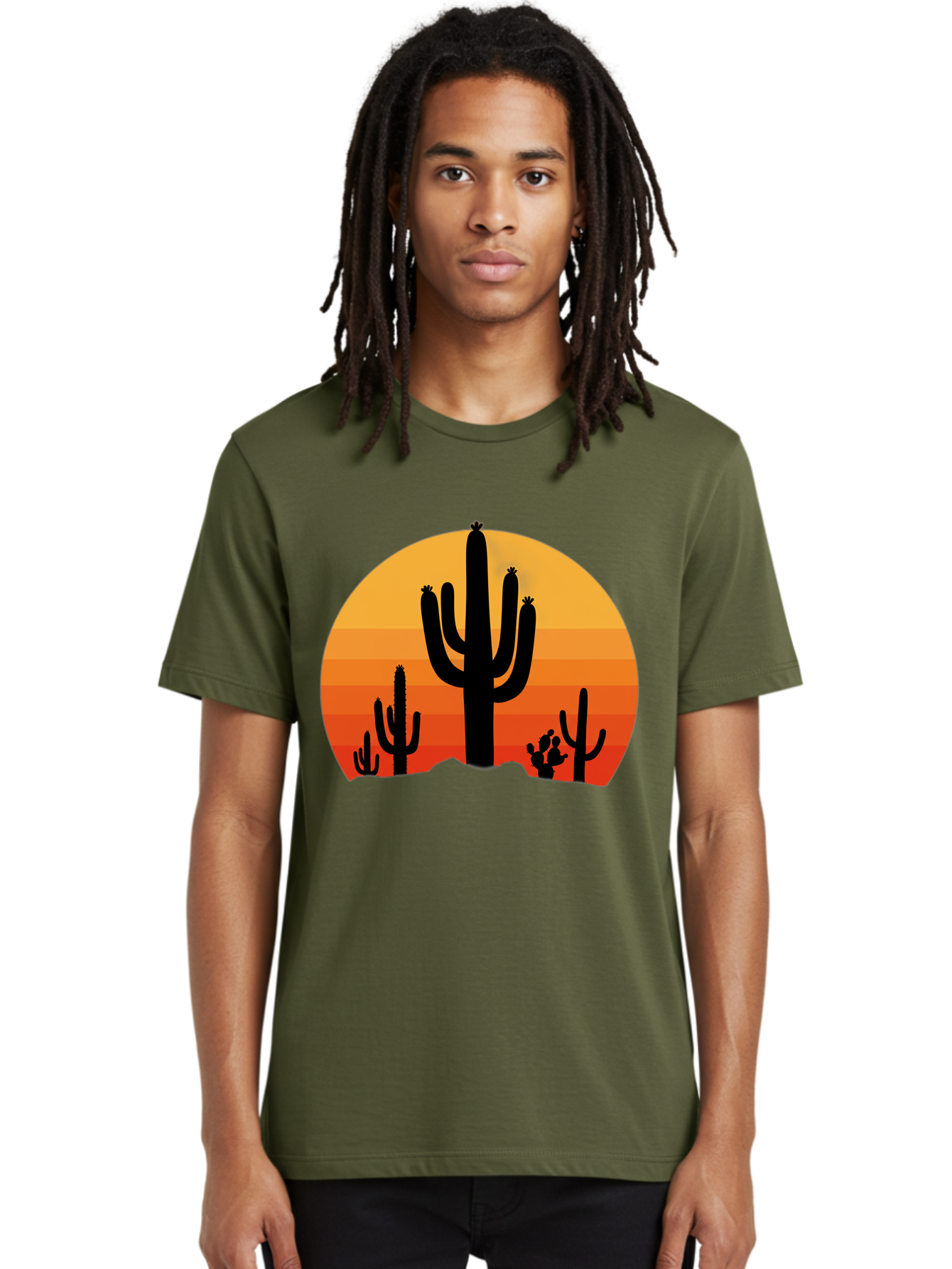 Desert-Sunset Men'S Graphic Tee, 100% Cotton, Comfortable Casual Summer Wear, Machine Washable, Desert Landscape, Cactus Silhouette, Sunset Colors, Orange Gradient, Warm Tones, Arid Scenery, Natural Beauty Bac997