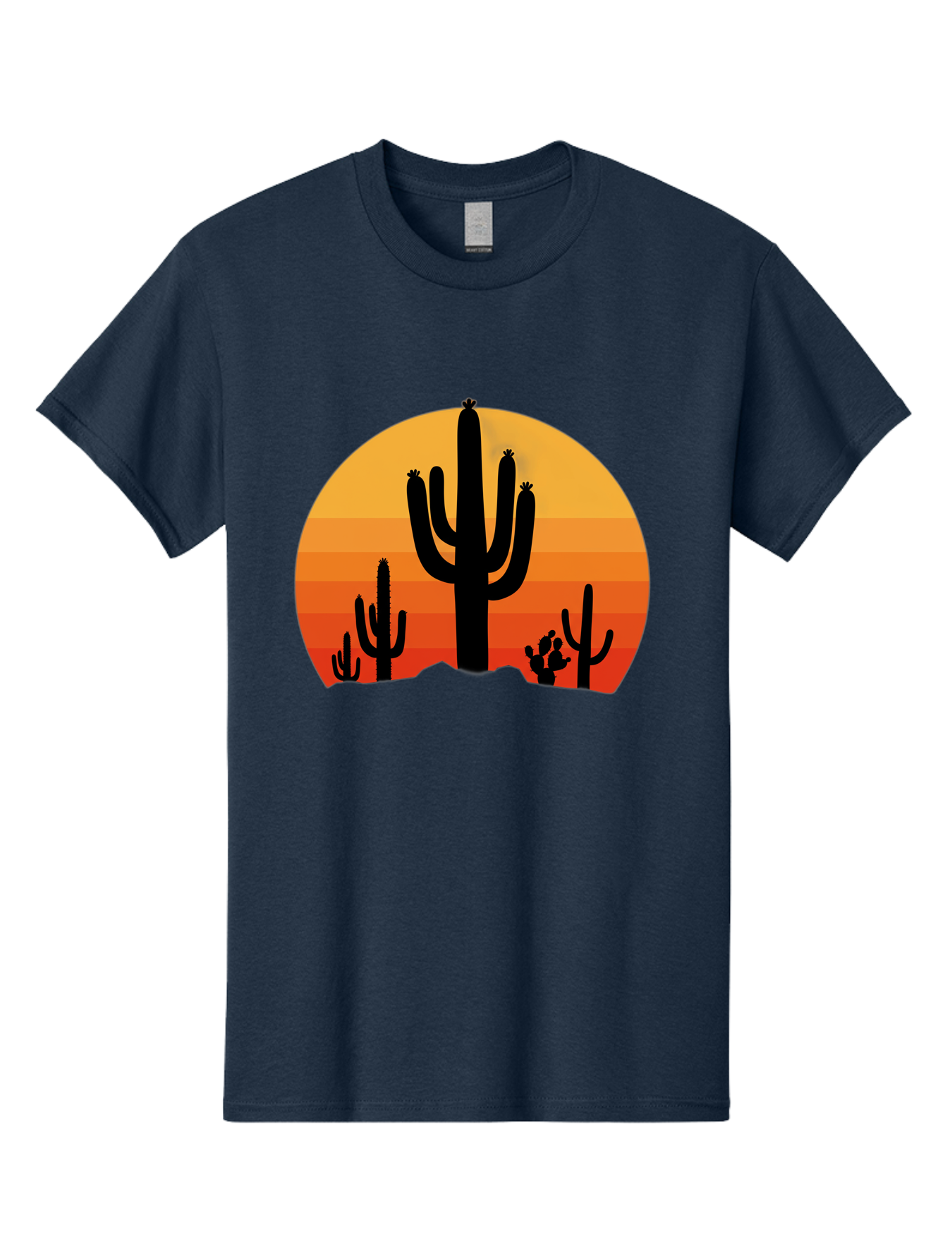 Desert-Sunset Men'S Graphic Tee, 100% Cotton, Comfortable Casual Summer Wear, Machine Washable, Desert Landscape, Cactus Silhouette, Sunset Colors, Orange Gradient, Warm Tones, Arid Scenery, Natural Beauty Bac997