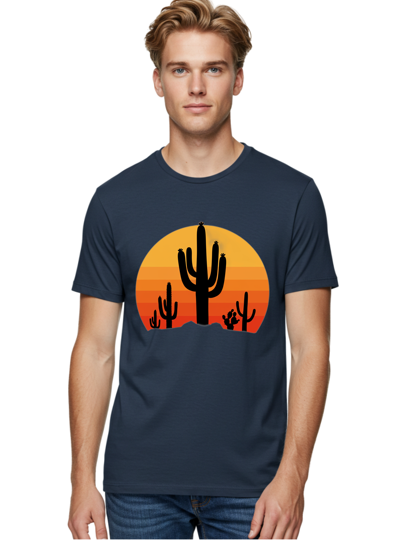 Desert-Sunset Men'S Graphic Tee, 100% Cotton, Comfortable Casual Summer Wear, Machine Washable, Desert Landscape, Cactus Silhouette, Sunset Colors, Orange Gradient, Warm Tones, Arid Scenery, Natural Beauty Bac997