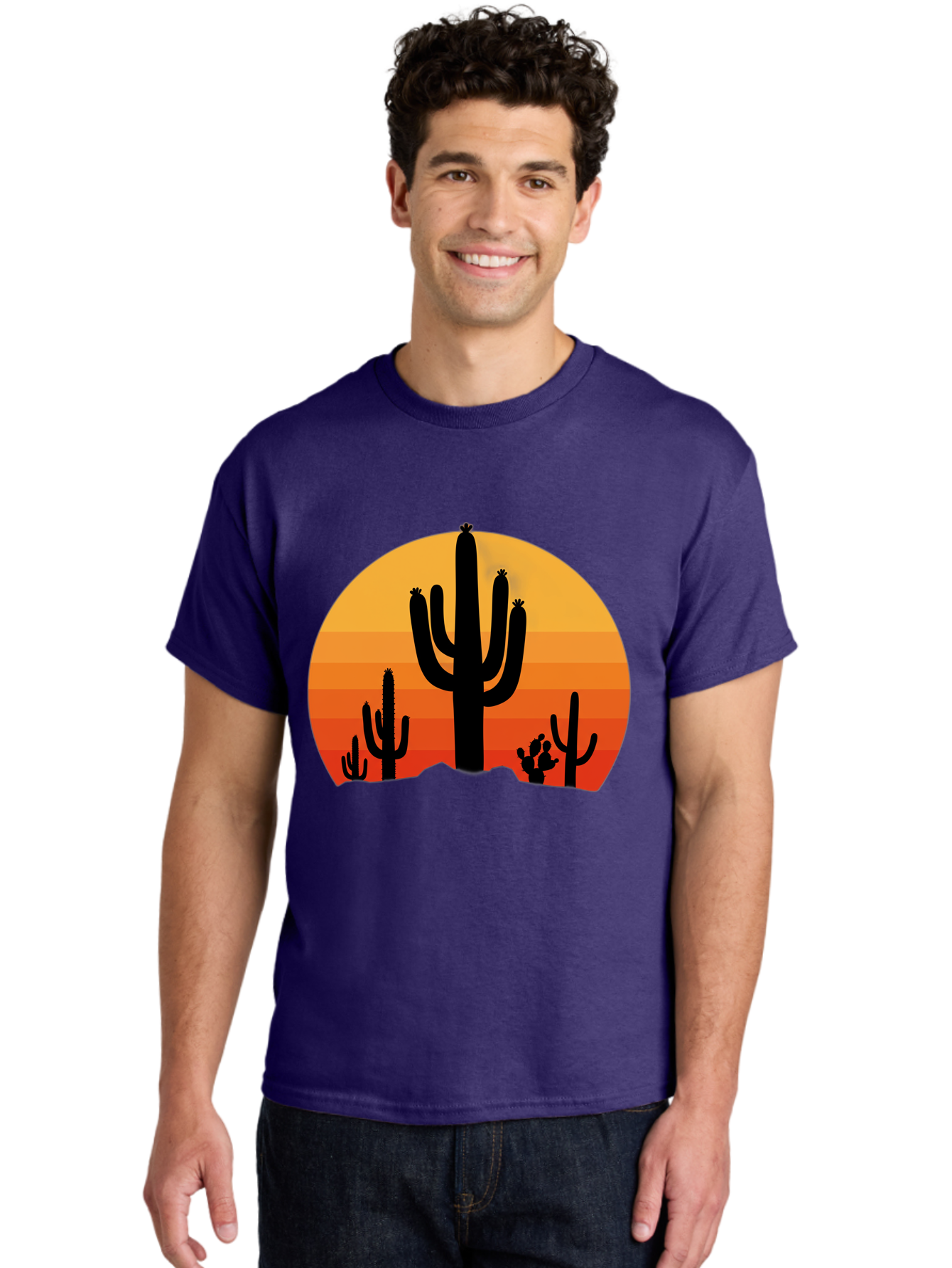 Desert-Sunset Men'S Graphic Tee, 100% Cotton, Comfortable Casual Summer Wear, Machine Washable, Desert Landscape, Cactus Silhouette, Sunset Colors, Orange Gradient, Warm Tones, Arid Scenery, Natural Beauty Bac997