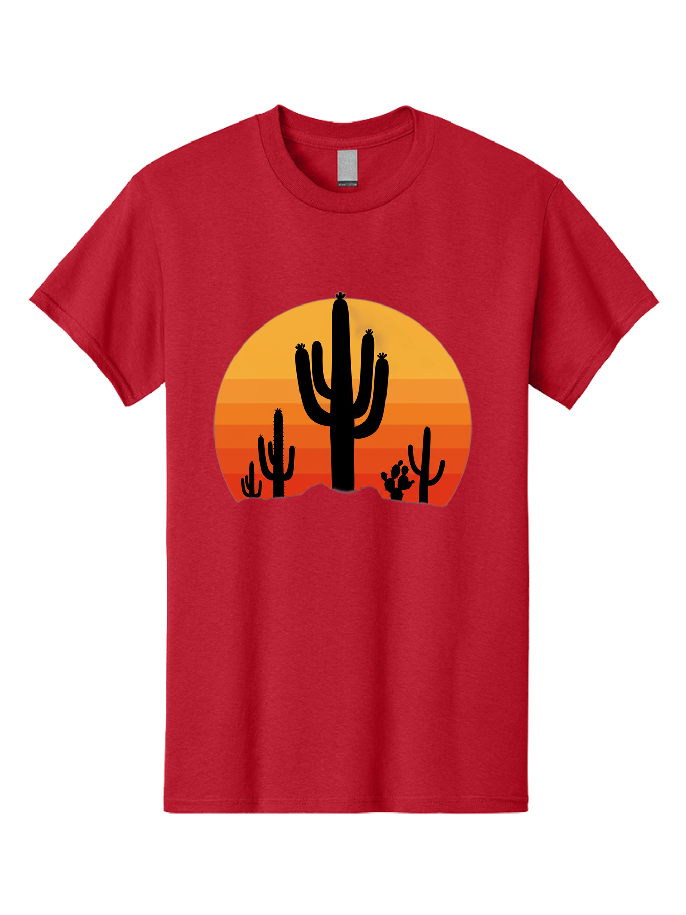 Desert-Sunset Men'S Graphic Tee, 100% Cotton, Comfortable Casual Summer Wear, Machine Washable, Desert Landscape, Cactus Silhouette, Sunset Colors, Orange Gradient, Warm Tones, Arid Scenery, Natural Beauty Bac997