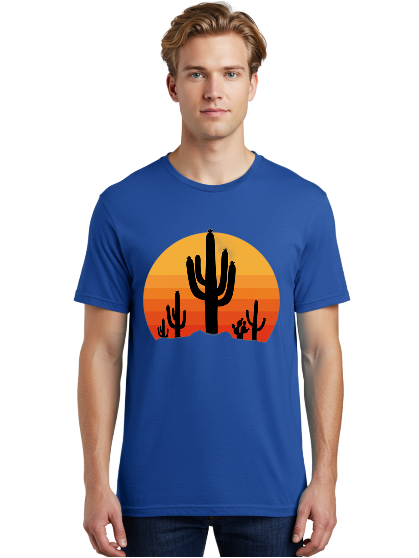 Desert-Sunset Men'S Graphic Tee, 100% Cotton, Comfortable Casual Summer Wear, Machine Washable, Desert Landscape, Cactus Silhouette, Sunset Colors, Orange Gradient, Warm Tones, Arid Scenery, Natural Beauty Bac997