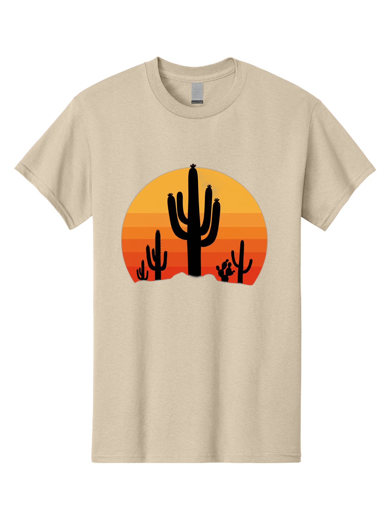 Desert-Sunset Men'S Graphic Tee, 100% Cotton, Comfortable Casual Summer Wear, Machine Washable, Desert Landscape, Cactus Silhouette, Sunset Colors, Orange Gradient, Warm Tones, Arid Scenery, Natural Beauty Bac997