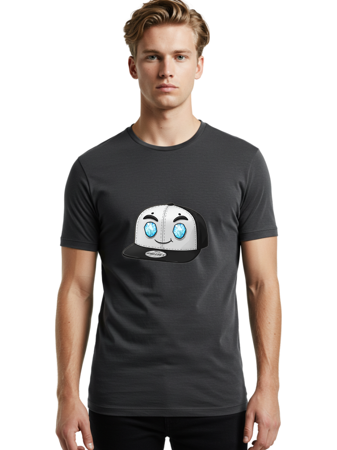 Diamond-Eyes-Cap Men'S Graphic Tee, 100% Cotton, Comfortable Casual Summer Wear, Machine Washable, Cartoon Hat, Black And White Cap, Diamond Eyes, Smiling Face, Streetwear Fashion, Urban Style, Cool Accessories, Trendy Clothing Bac998