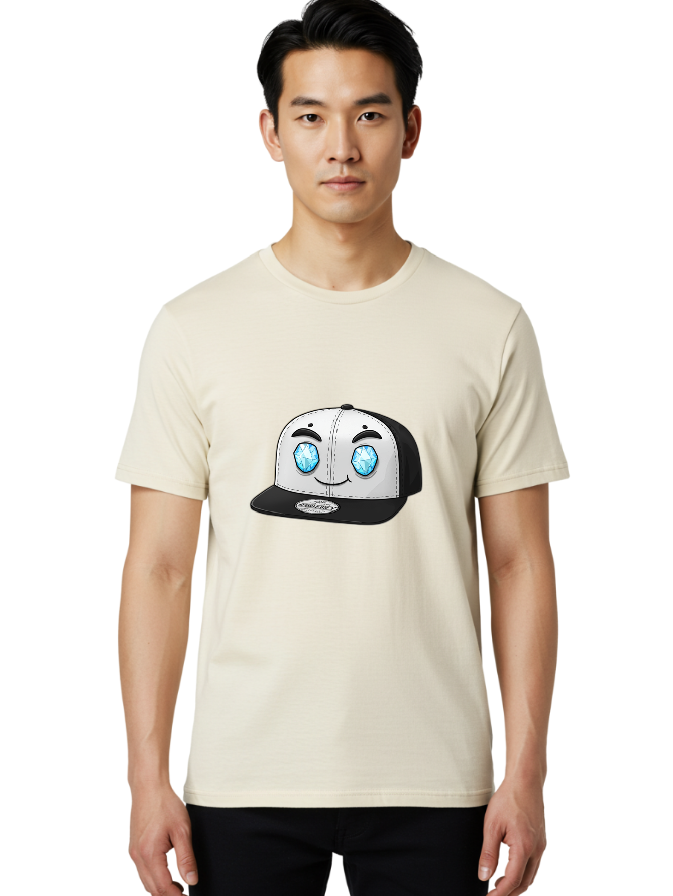 Diamond-Eyes-Cap Men'S Graphic Tee, 100% Cotton, Comfortable Casual Summer Wear, Machine Washable, Cartoon Hat, Black And White Cap, Diamond Eyes, Smiling Face, Streetwear Fashion, Urban Style, Cool Accessories, Trendy Clothing Bac998