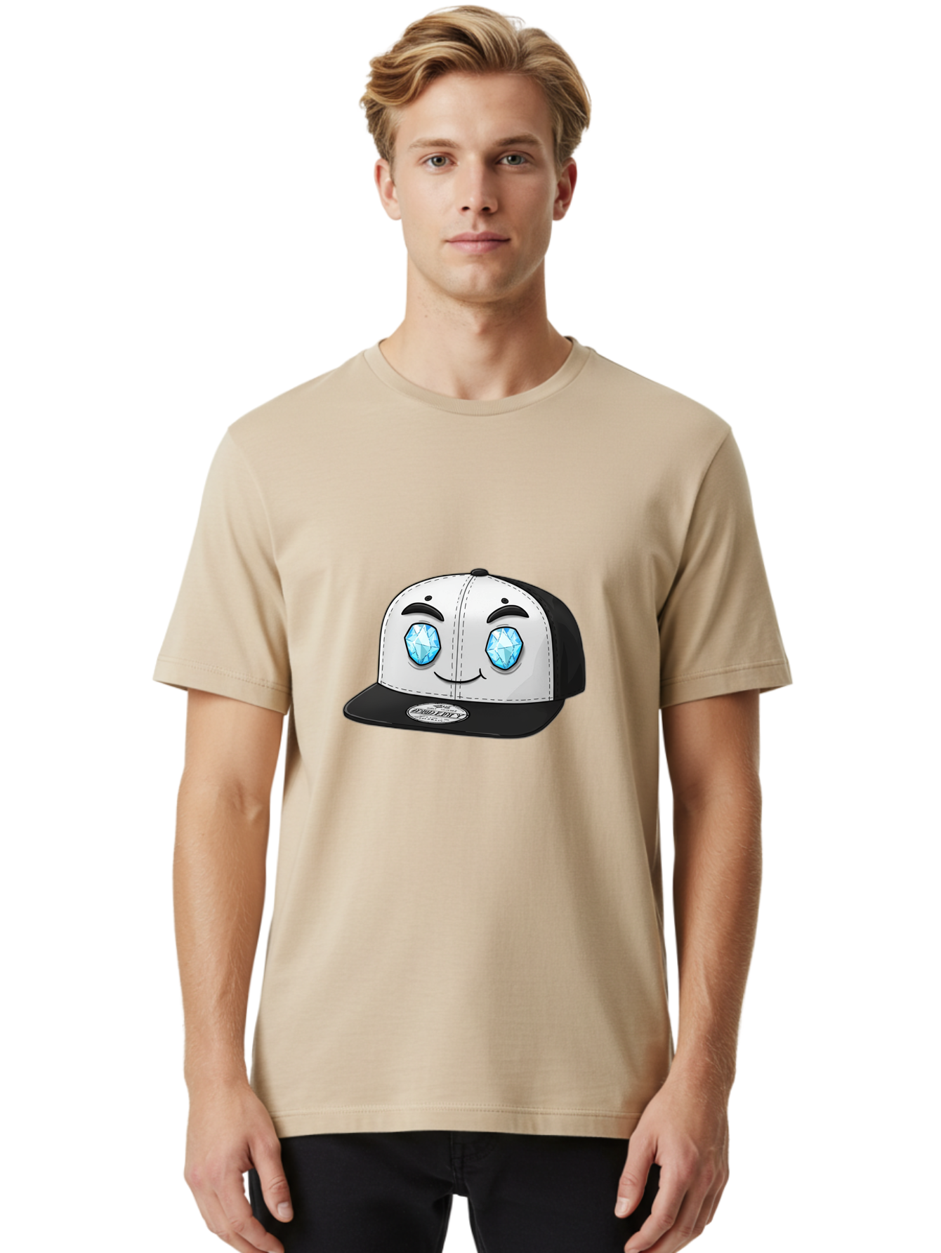 Diamond-Eyes-Cap Men'S Graphic Tee, 100% Cotton, Comfortable Casual Summer Wear, Machine Washable, Cartoon Hat, Black And White Cap, Diamond Eyes, Smiling Face, Streetwear Fashion, Urban Style, Cool Accessories, Trendy Clothing Bac998