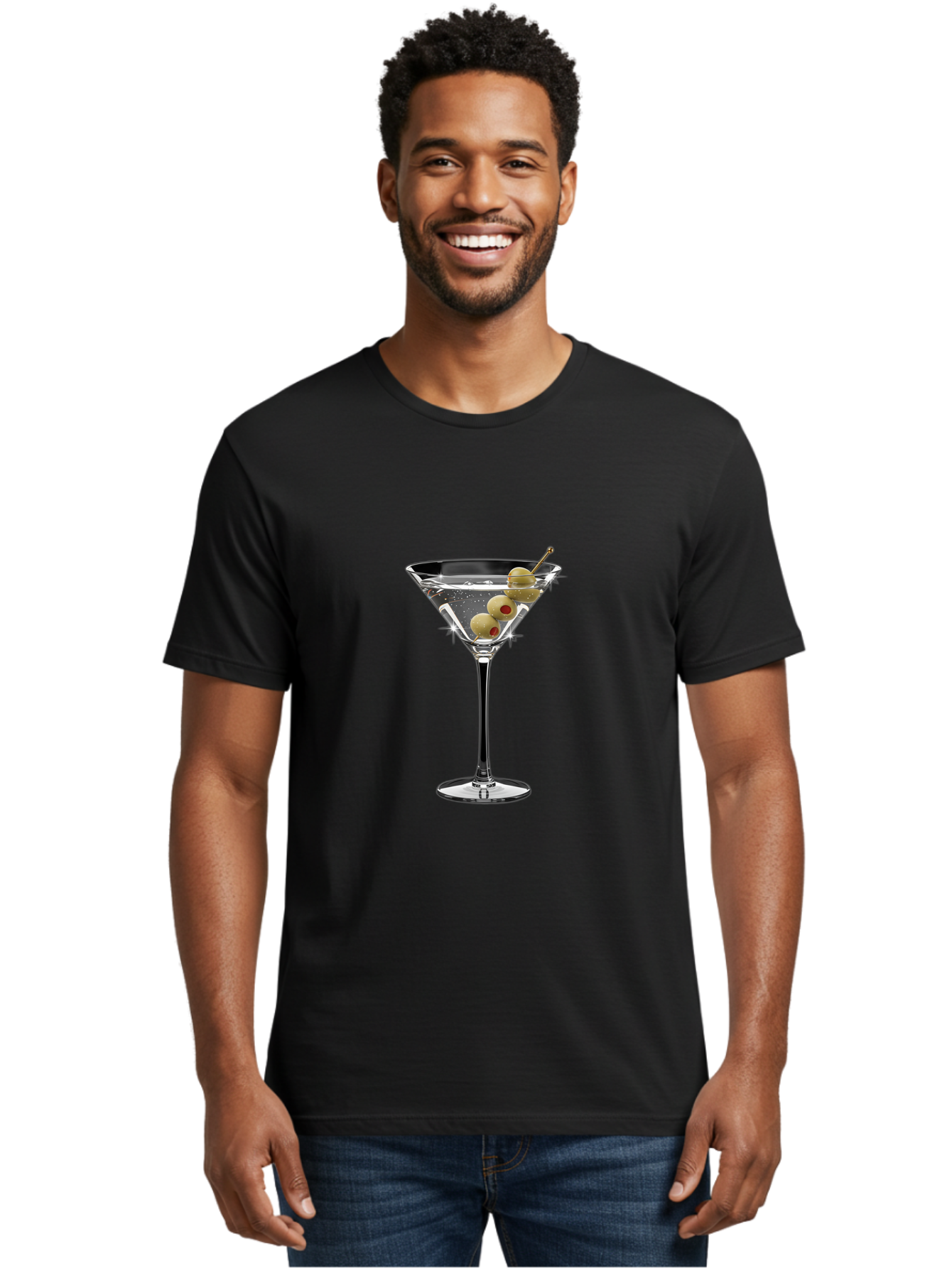 Dirty-Martini-1 Men'S Graphic Tee, 100% Cotton, Comfortable Casual Summer Wear, Machine Washable, Martini Glass, Signature Cocktail, Gin Martini, Dry Martini, Chilled Drink, Green Olives, Red Pimento, Cocktail Party, Sophisticated, Elegant, Bad000