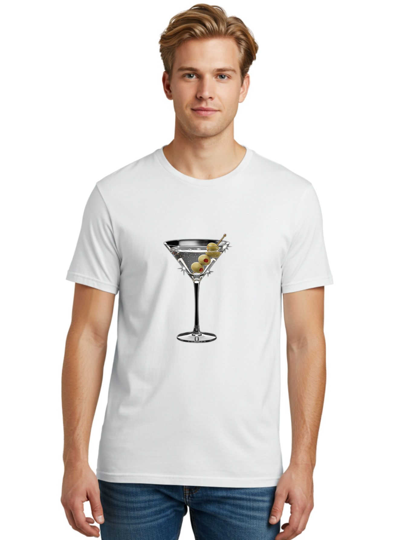 Dirty-Martini-1 Men'S Graphic Tee, 100% Cotton, Comfortable Casual Summer Wear, Machine Washable, Martini Glass, Signature Cocktail, Gin Martini, Dry Martini, Chilled Drink, Green Olives, Red Pimento, Cocktail Party, Sophisticated, Elegant, Bad000
