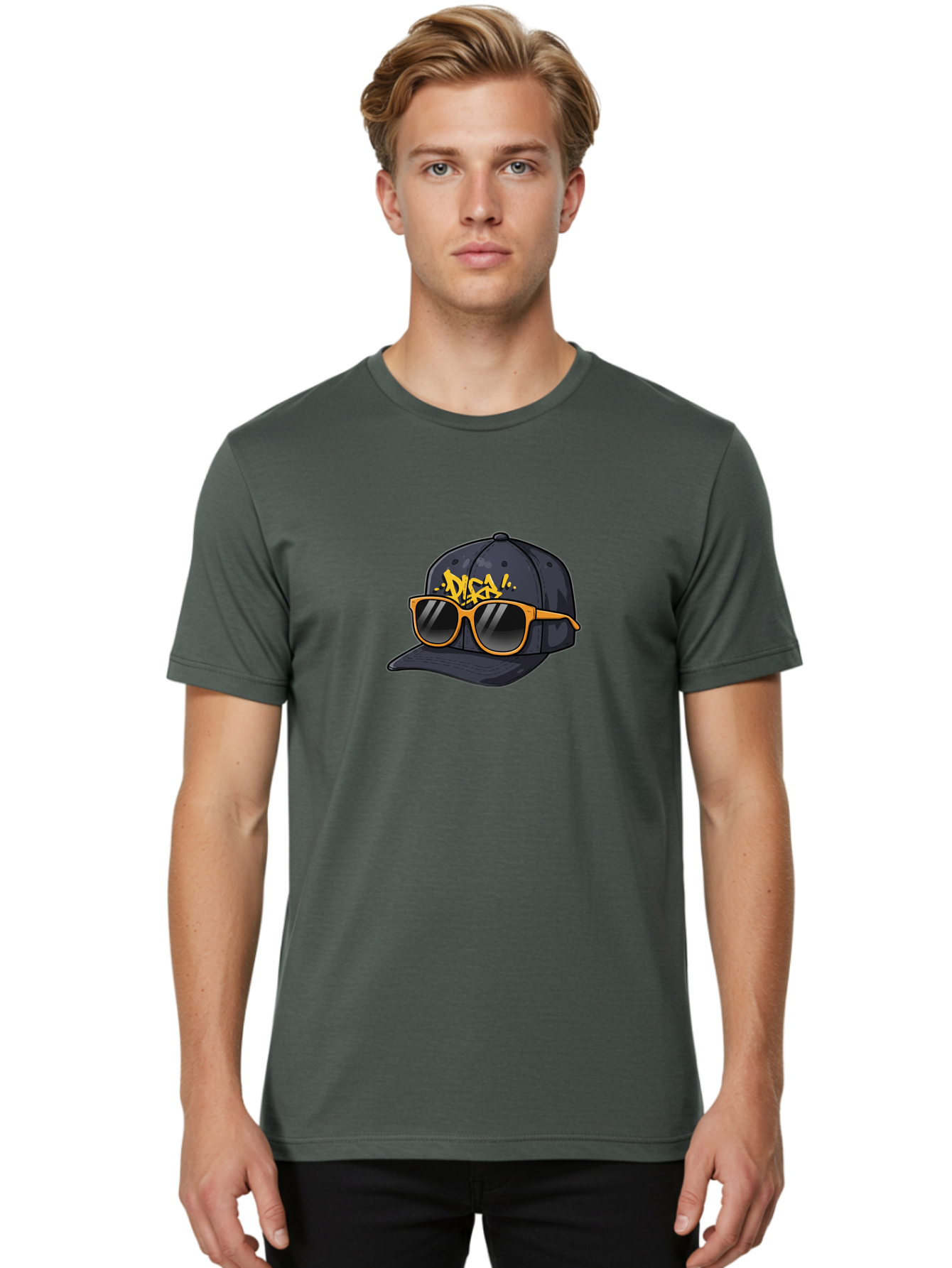 Disa Men'S Graphic Tee, 100% Cotton, Comfortable Casual Summer Wear, Machine Washable, Graffiti Style Cap, Trendy Sunglasses, Bold Fashion, Streetwear, Cool Accessories, Yellow Accents, Casual Style Bad004