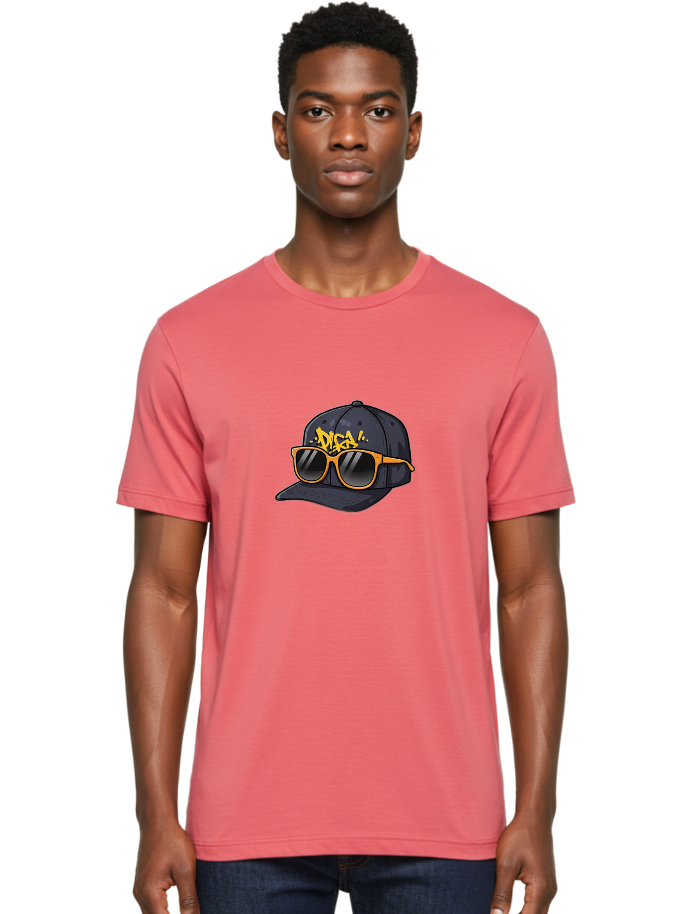 Disa Men'S Graphic Tee, 100% Cotton, Comfortable Casual Summer Wear, Machine Washable, Graffiti Style Cap, Trendy Sunglasses, Bold Fashion, Streetwear, Cool Accessories, Yellow Accents, Casual Style Bad004