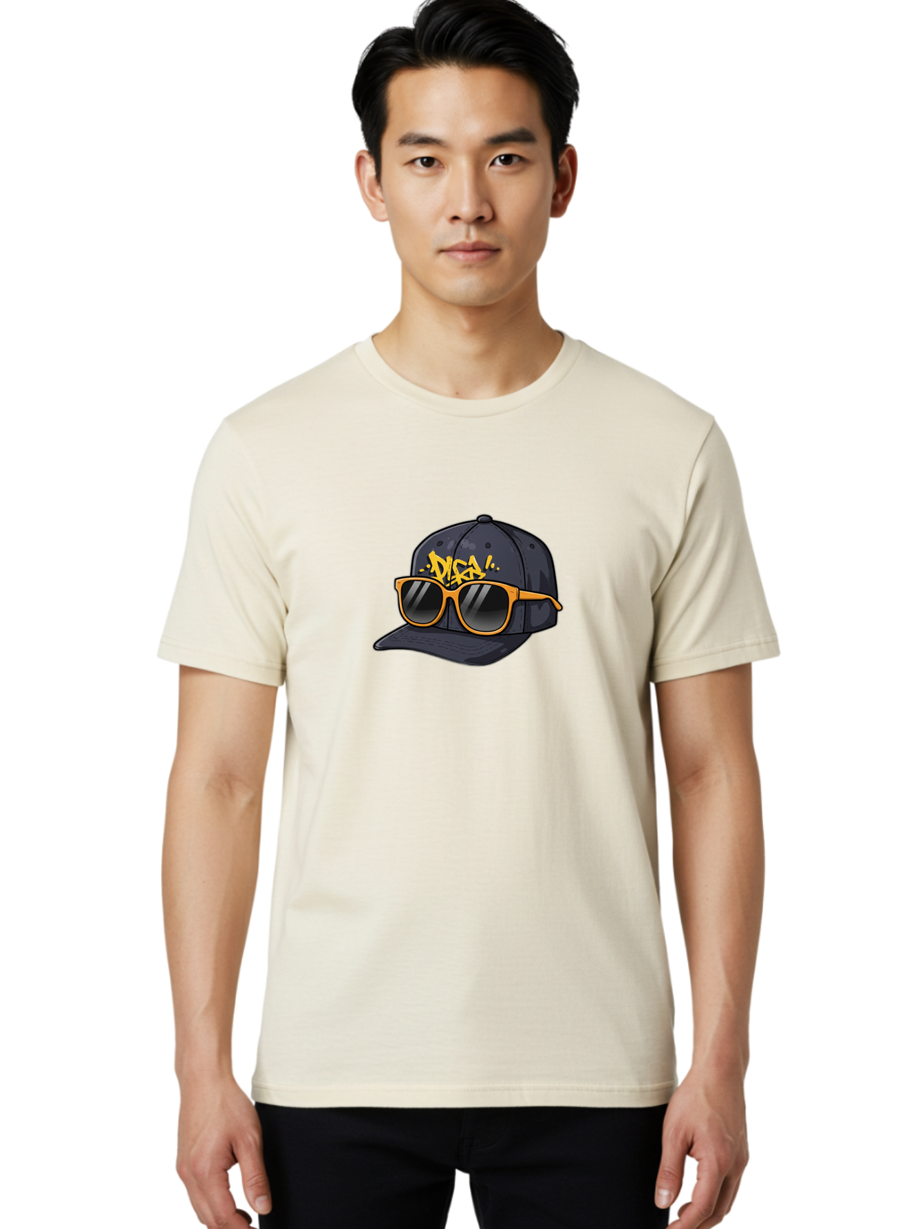 Disa Men'S Graphic Tee, 100% Cotton, Comfortable Casual Summer Wear, Machine Washable, Graffiti Style Cap, Trendy Sunglasses, Bold Fashion, Streetwear, Cool Accessories, Yellow Accents, Casual Style Bad004
