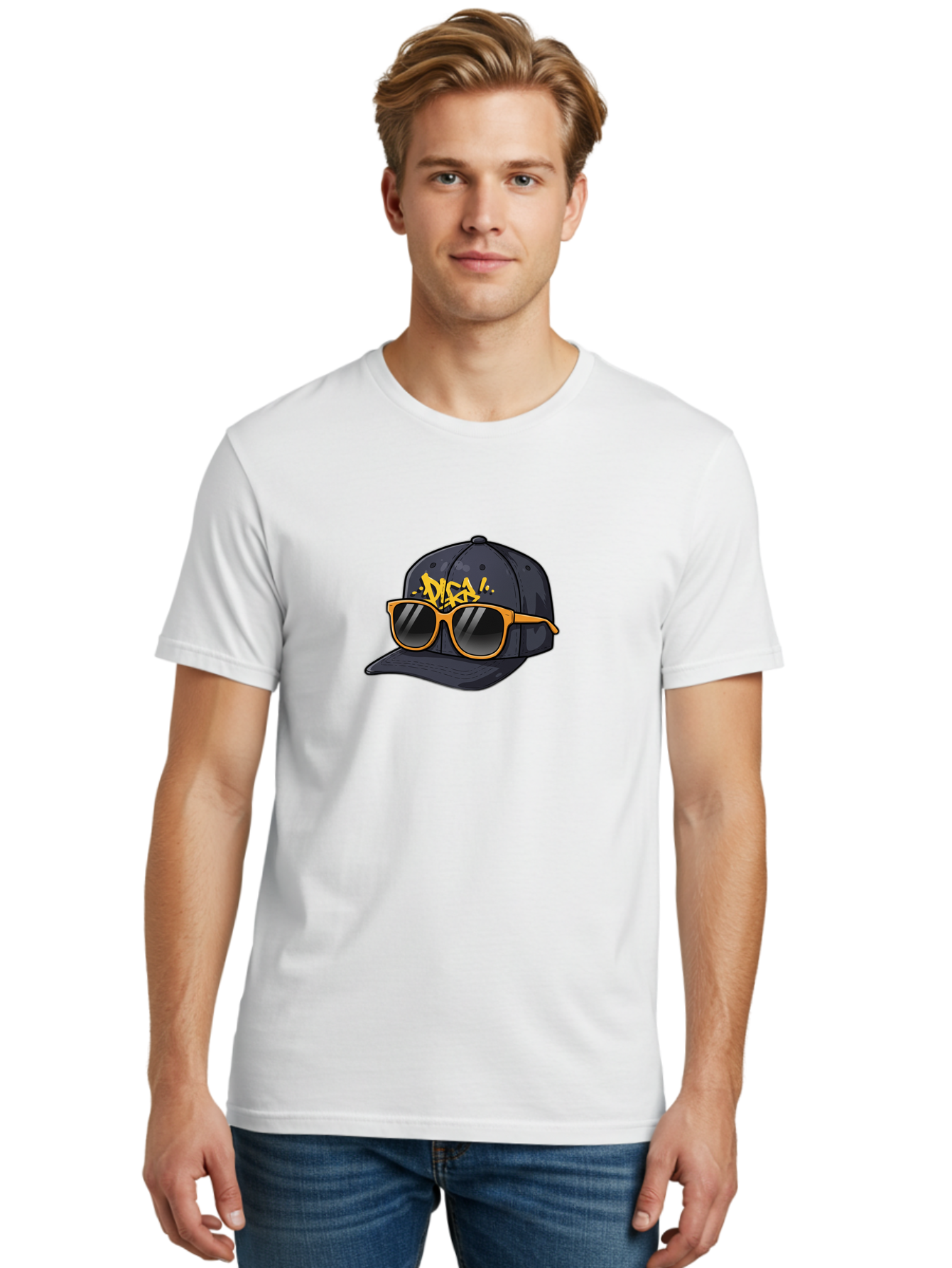Disa Men'S Graphic Tee, 100% Cotton, Comfortable Casual Summer Wear, Machine Washable, Graffiti Style Cap, Trendy Sunglasses, Bold Fashion, Streetwear, Cool Accessories, Yellow Accents, Casual Style Bad004