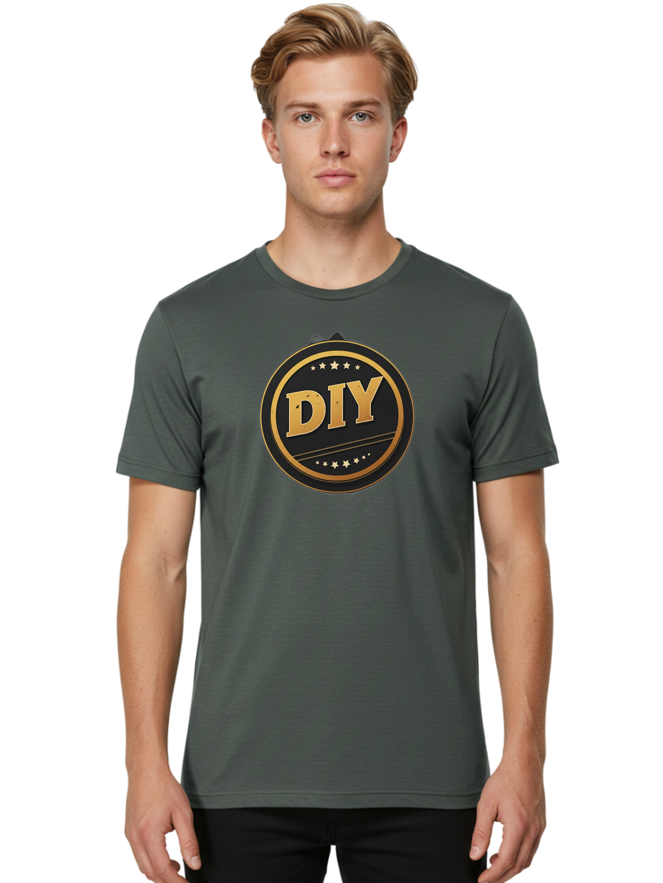 Diy-1 Men'S Graphic Tee, 100% Cotton, Comfortable Casual Summer Wear, Machine Washable, Diy Logo, Gold Lettering, Circular Design, Stars, Handmade, Crafting, Home Improvement, Diy Projects, Creative Ideas Bad009